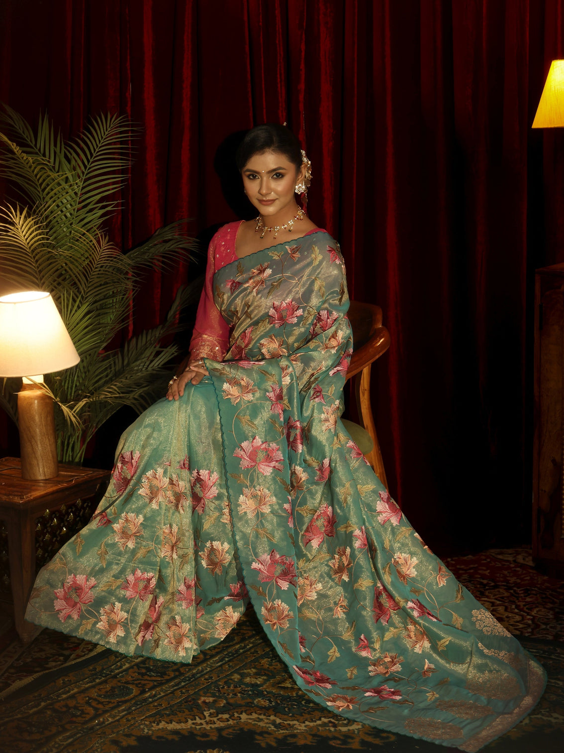 Mameraa Sea Green Floral Printed Organza Saree