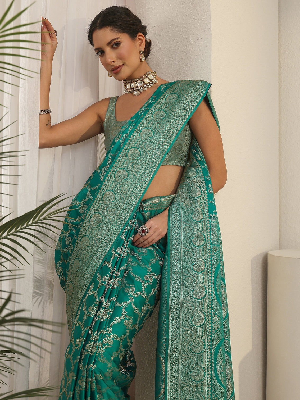 Mameraa Sea Green Floral Woven Design Brocade Saree