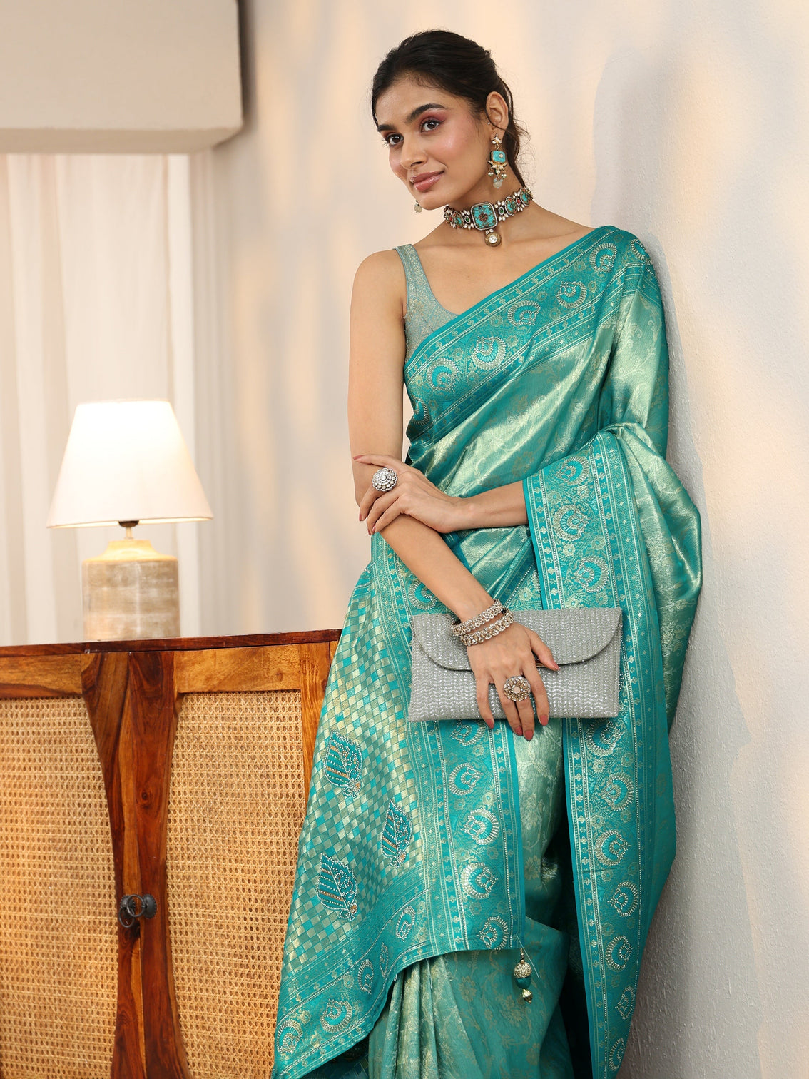 Mameraa Sea Green Floral Woven Silk Blend Saree