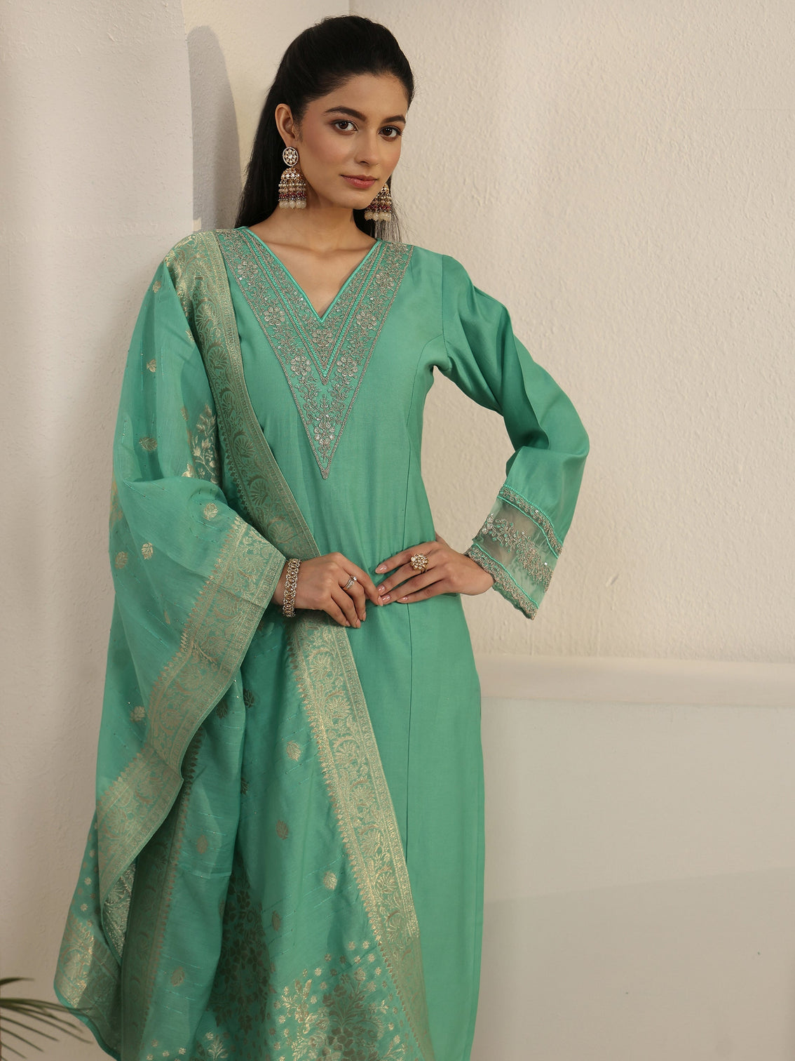 Mameraa Sea Green Floral Yoke Silk Blend Straight Suit Set