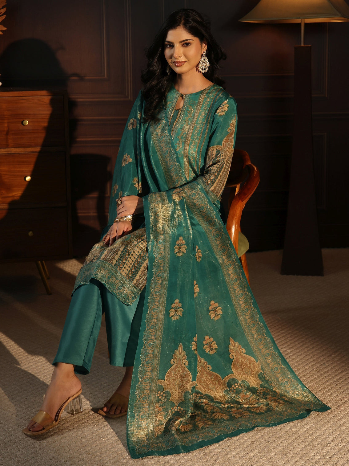 Mameraa Sea Green Printed Silk Blend Straight Suit Set
