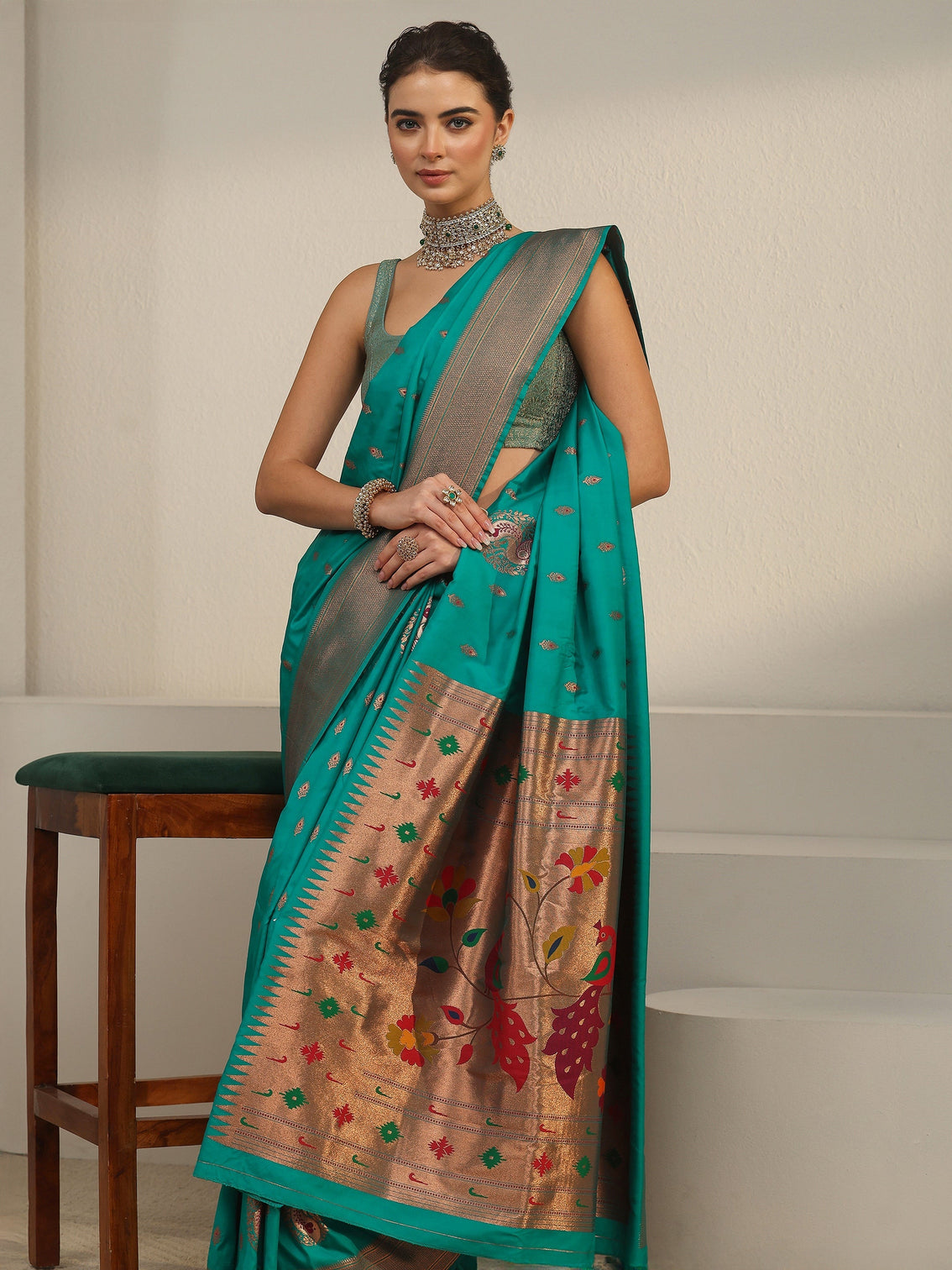 Mameraa Sea Green Silk Blend Paithani Saree