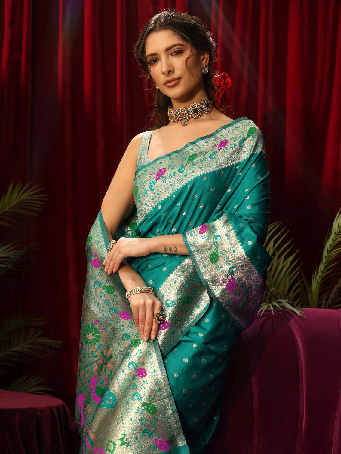 Mameraa Sea Green Silk Blend Paithani Saree