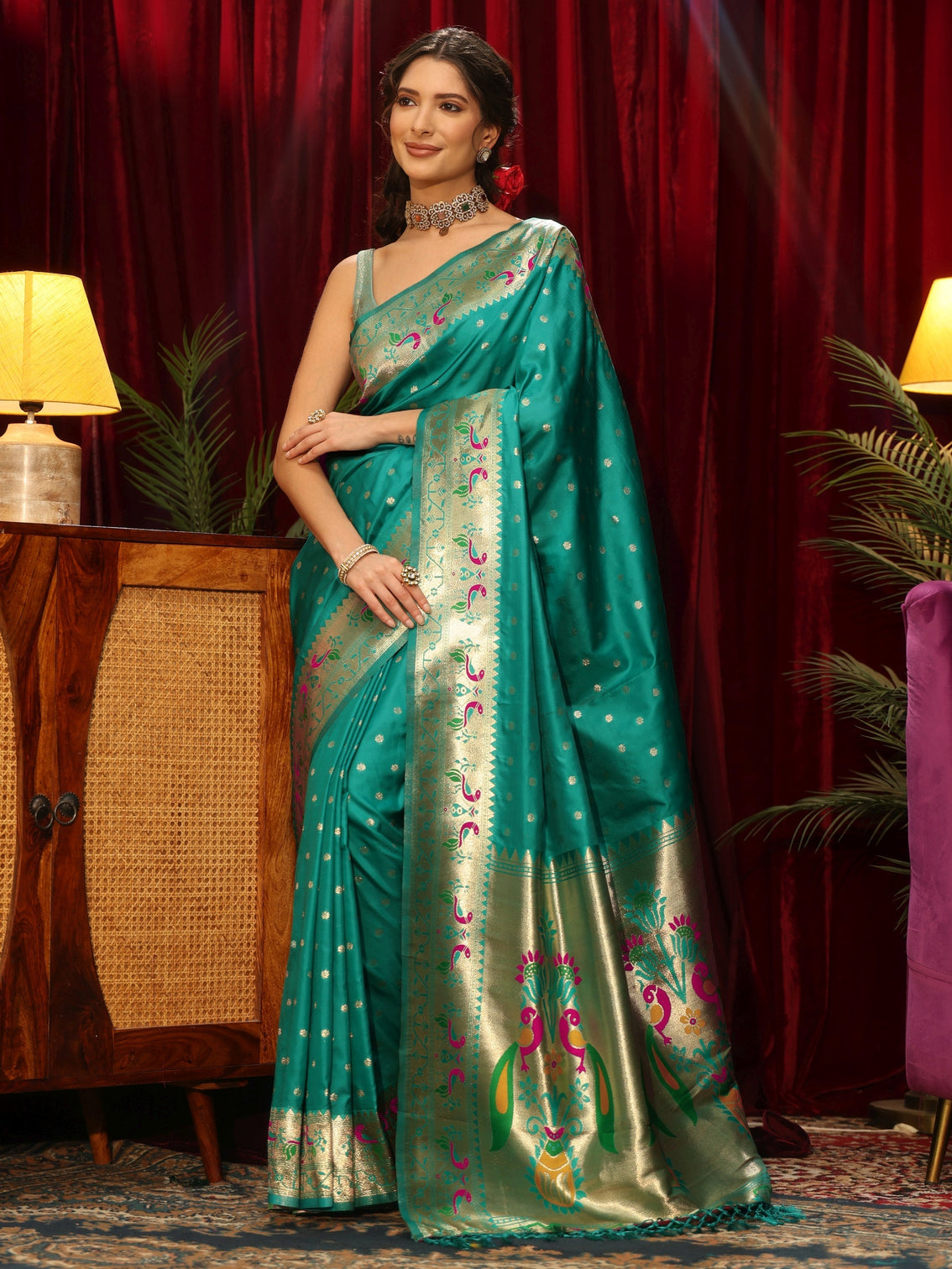 Mameraa Sea Green Silk Blend Paithani Tassel Saree