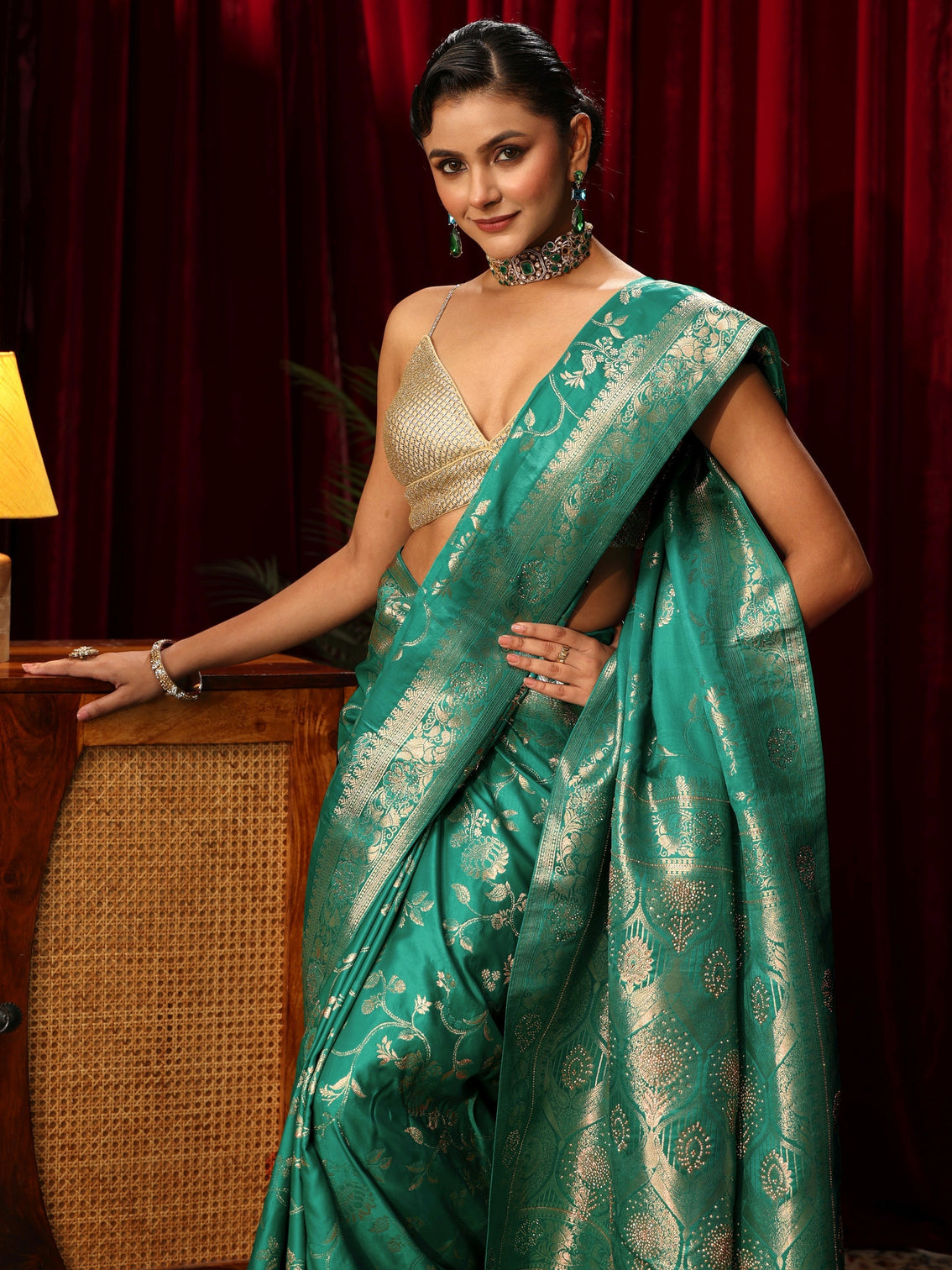 Mameraa Sea Green Woven Design Embellished Satin Saree