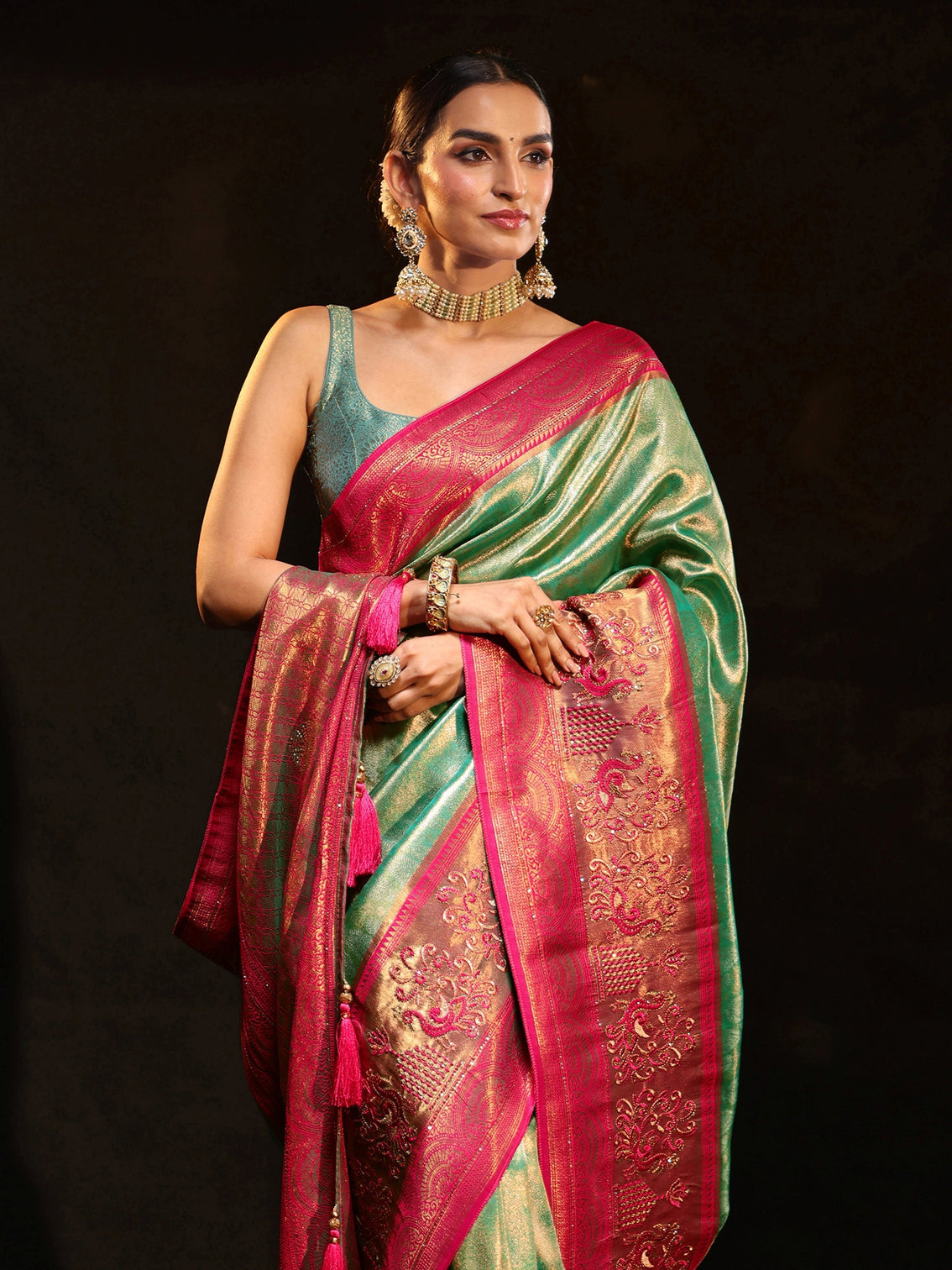 Mameraa Sea Green Woven Design Silk Blend Saree - Mameraa