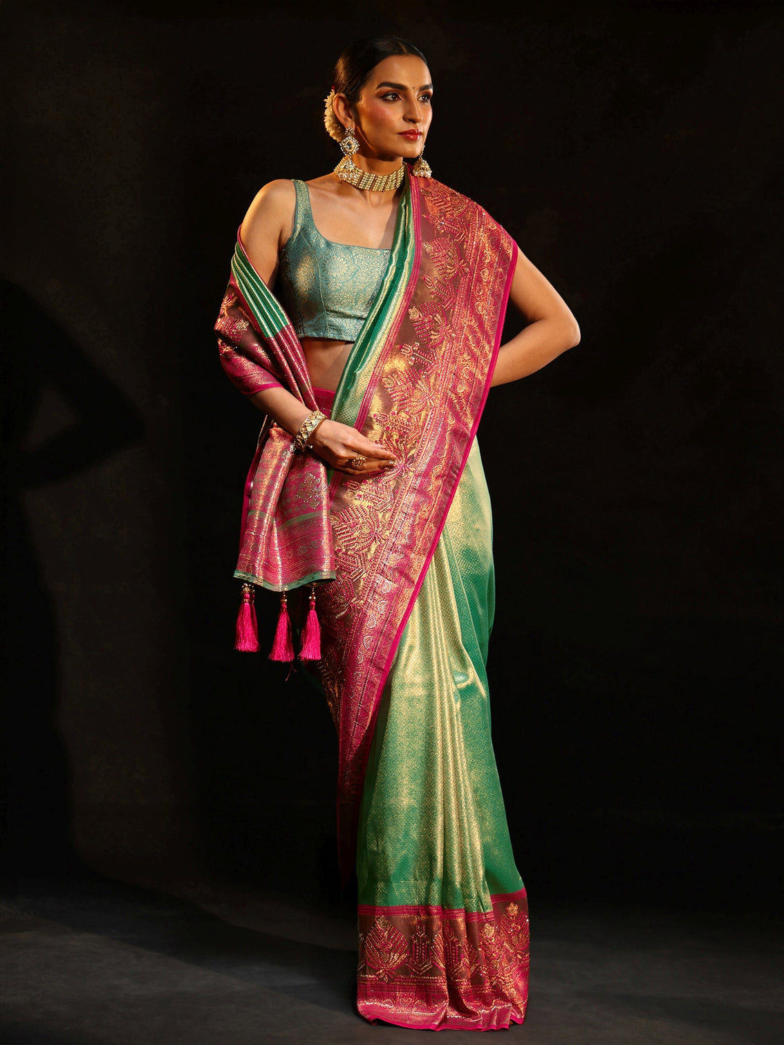 Mameraa Sea Green Woven Design Silk Blend Saree