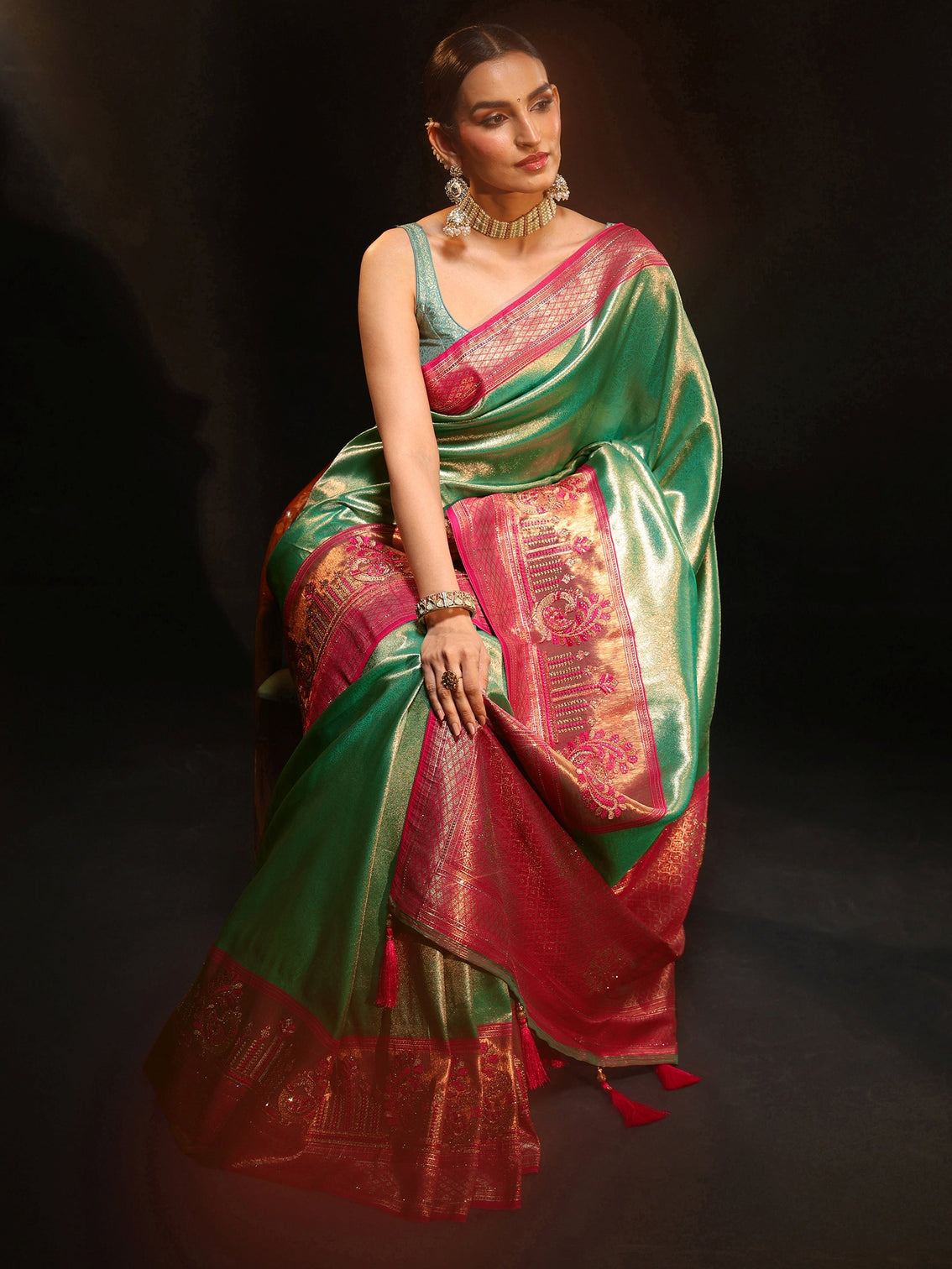 Mameraa Sea Green Woven Design Silk Blend Saree
