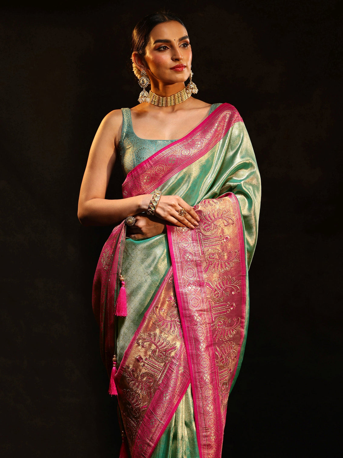 Mameraa Sea Green Woven Design Silk Blend Saree