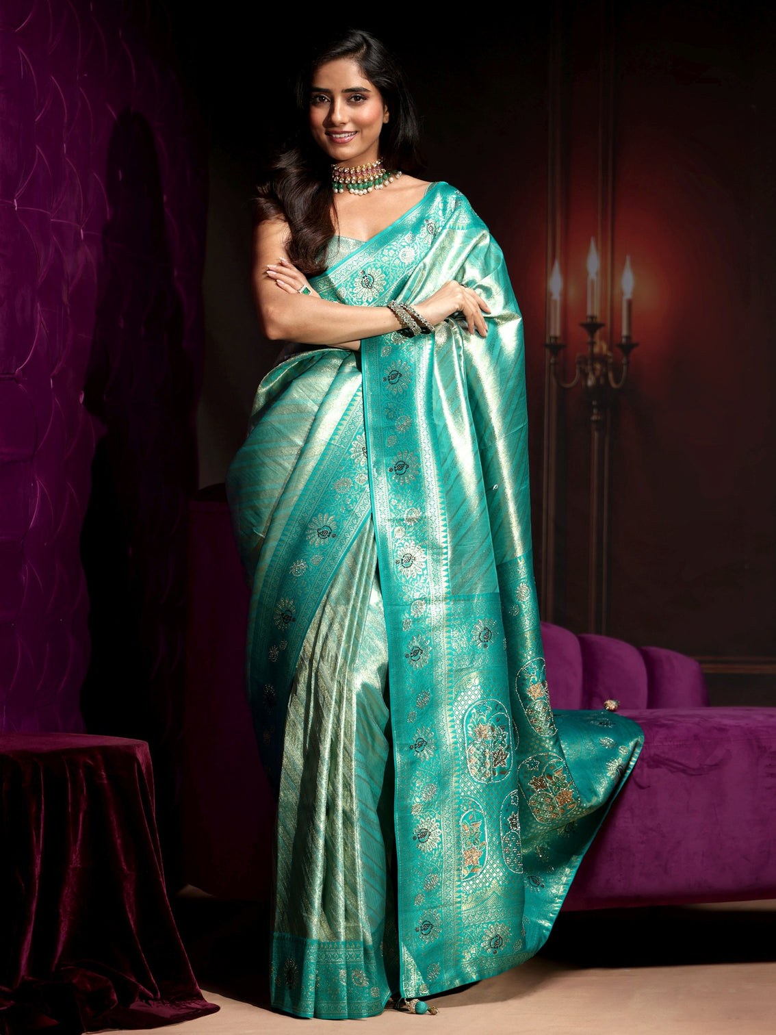 Mameraa Sea Green Woven Design Silk Blend Saree