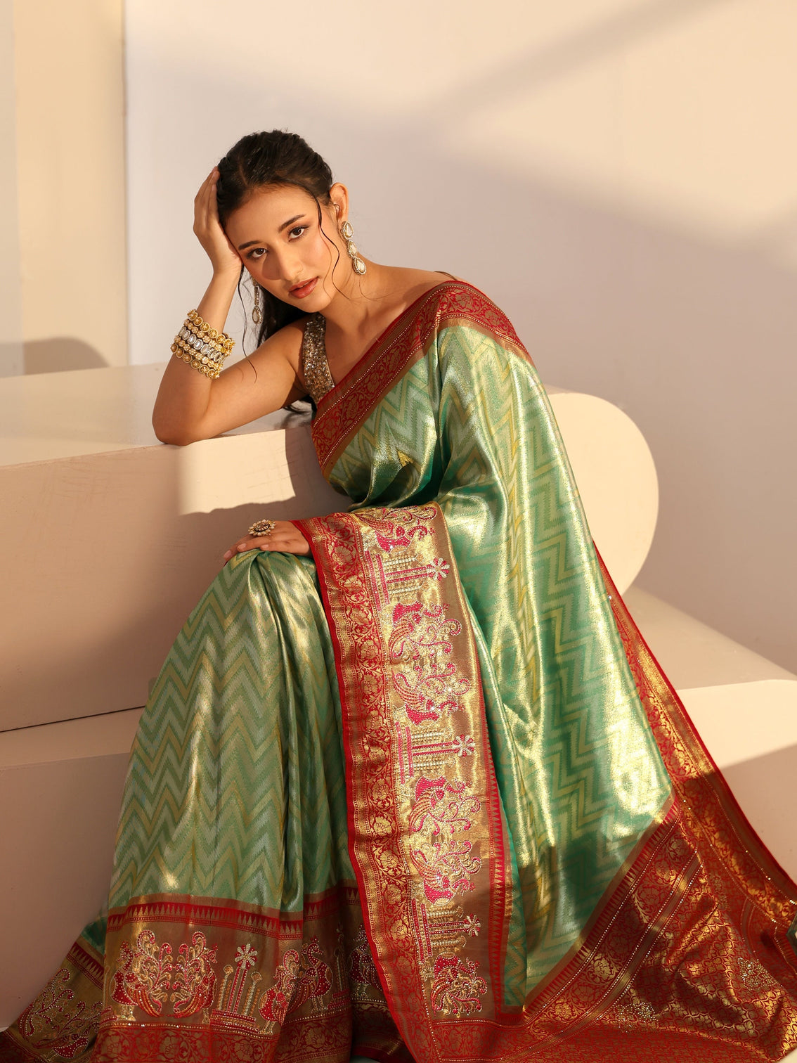Mameraa Seafoam Green Chevron Woven Design Silk Blend Saree