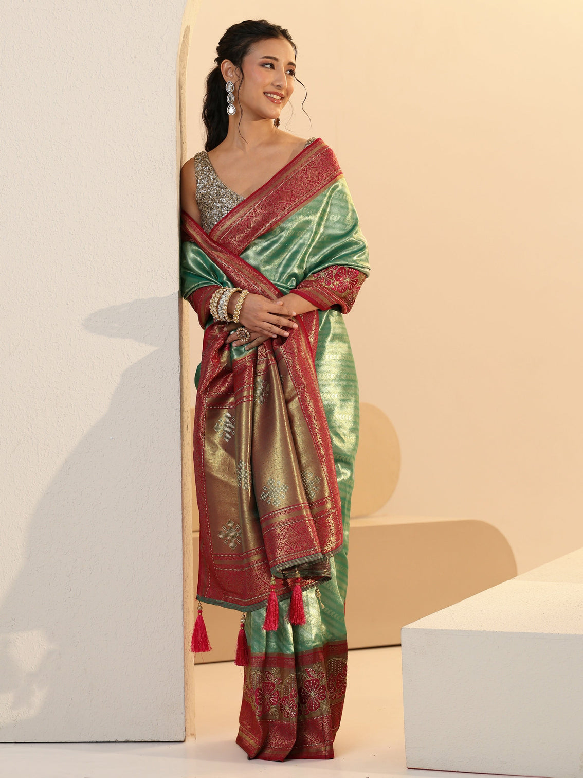 Mameraa Seafoam Green Woven Design Silk Blend Saree