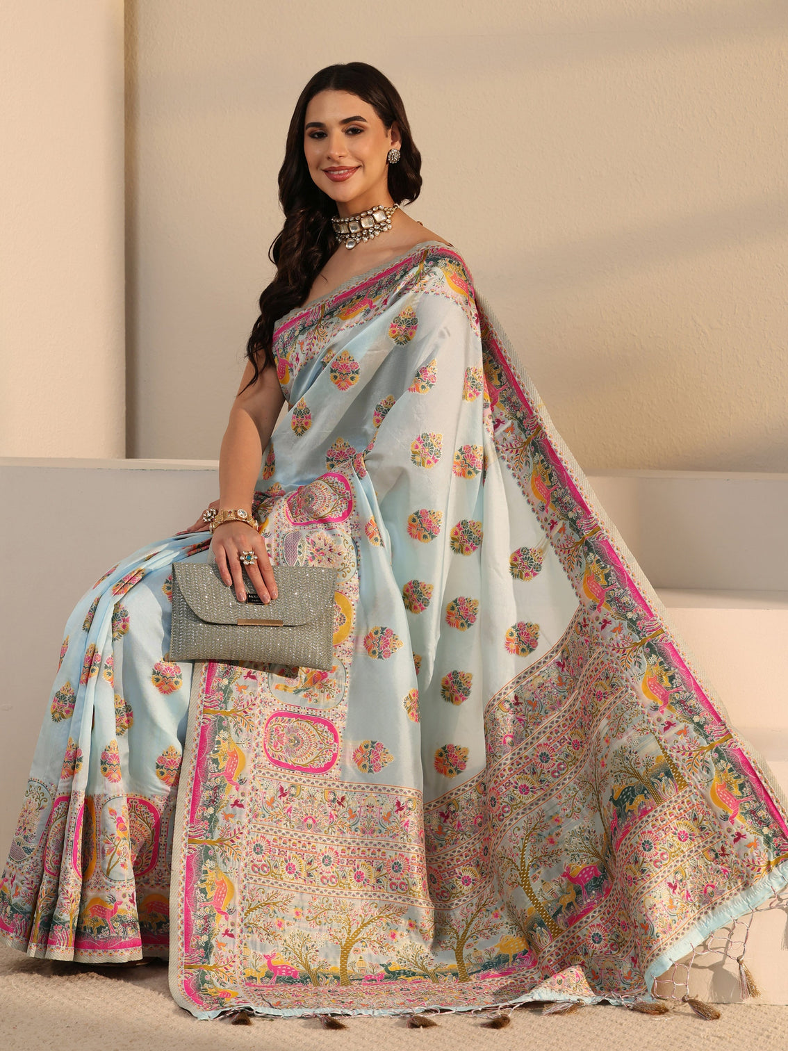 Mameraa Sky Blue Ethnic Woven Design Silk Blend Tassel Saree