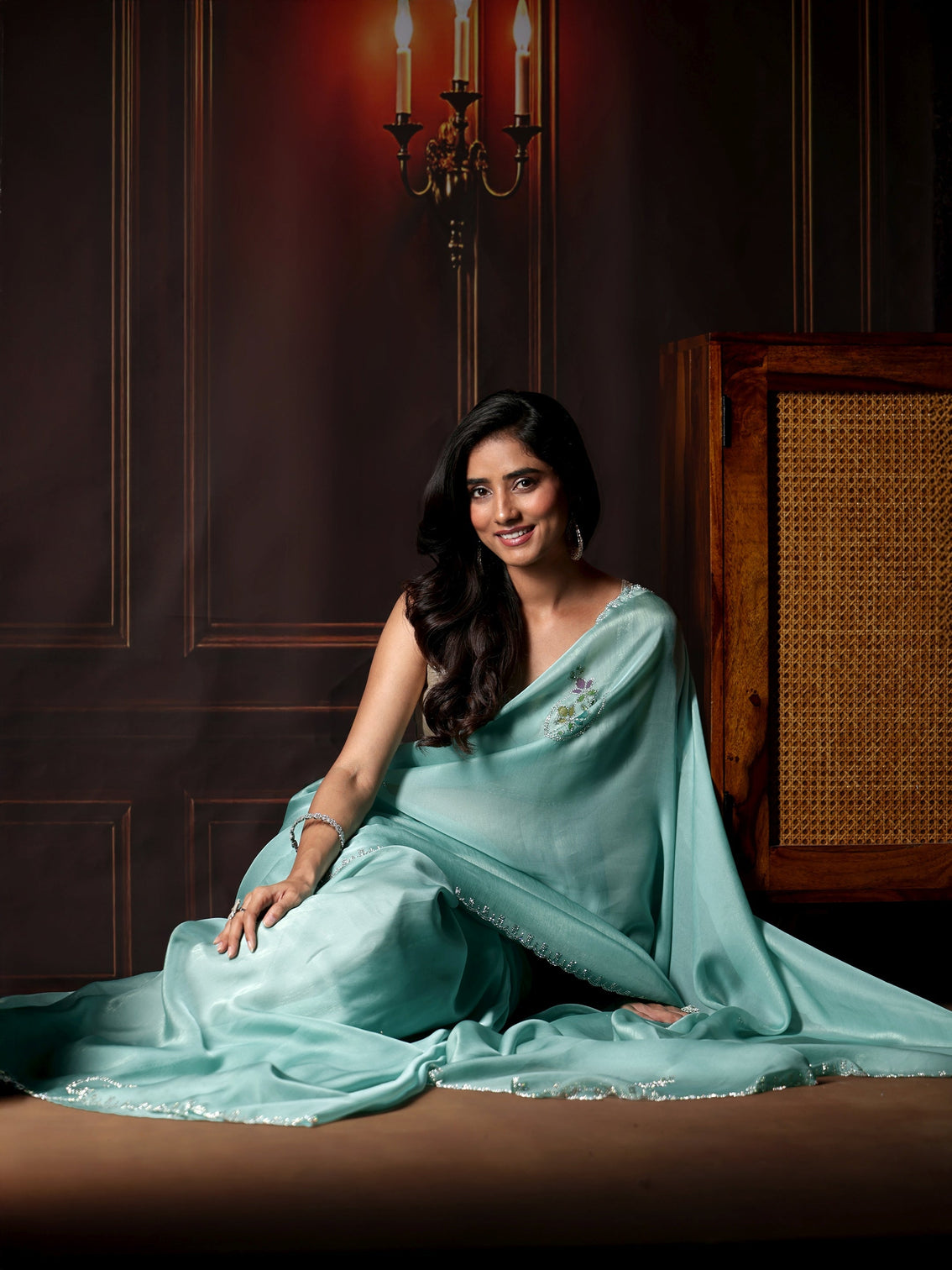 Mameraa Sky Blue Floral Embellished Tissue Saree