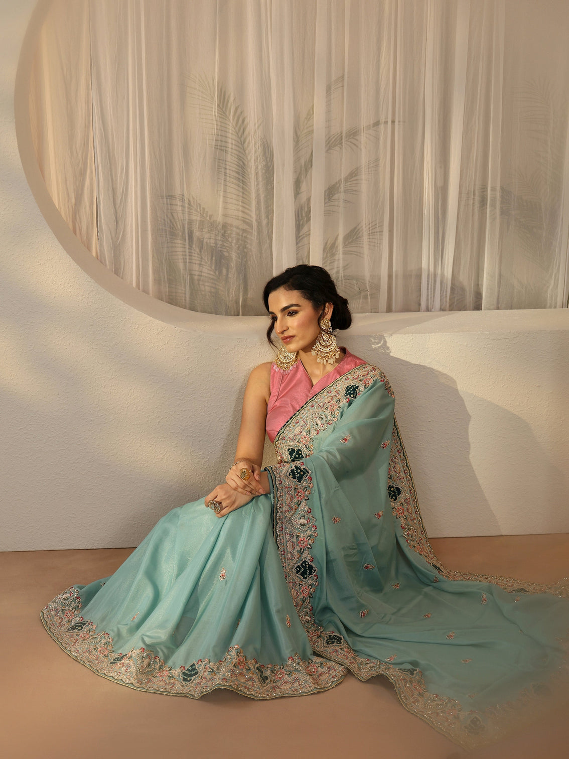 Mameraa Sky Blue Floral Embroidered Satin Saree