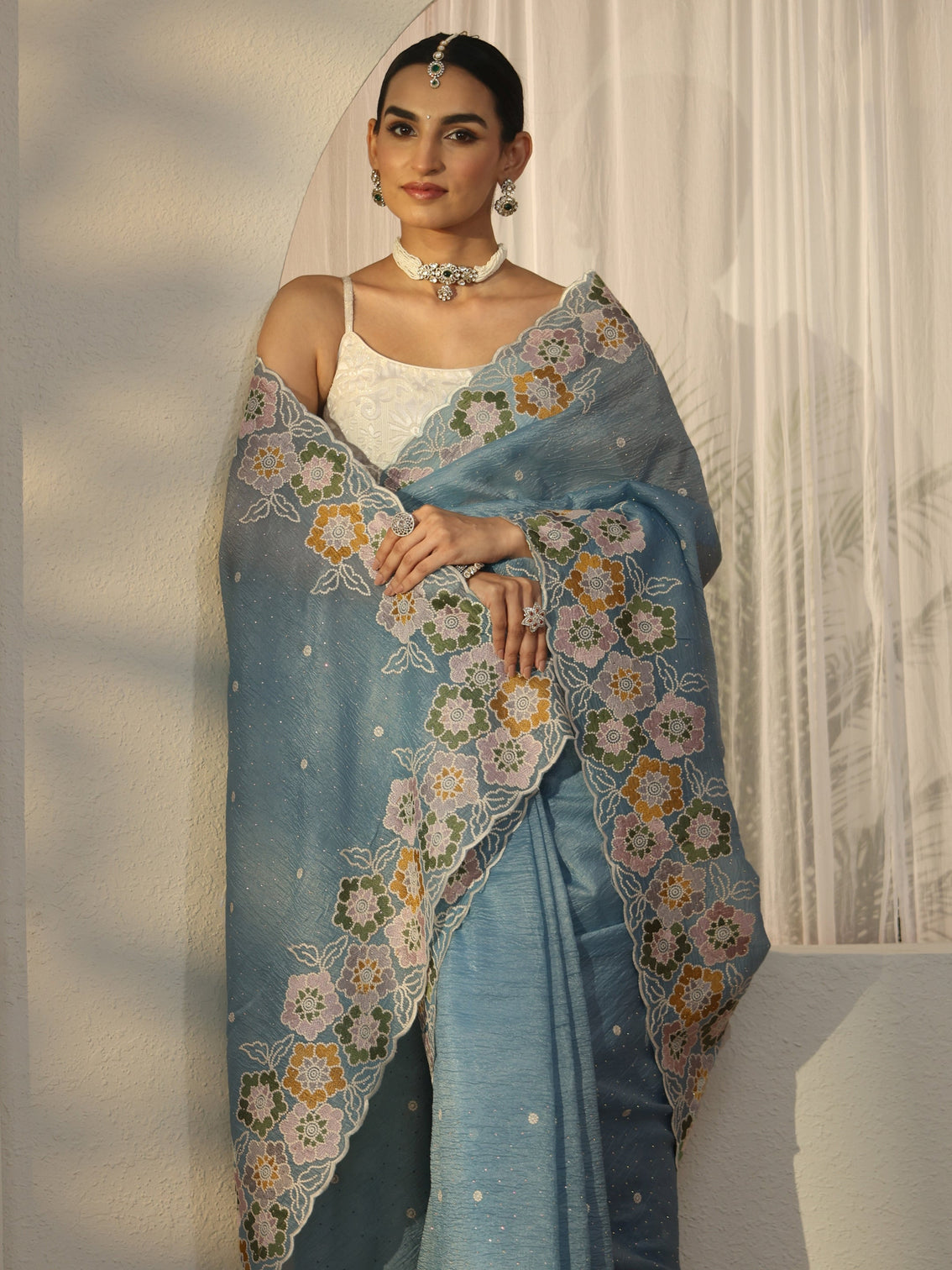 Mameraa Slate Blue Floral Embroidered Organza Saree