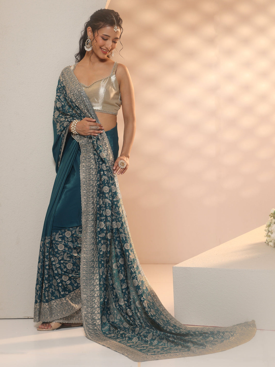 Mameraa Slate Blue Satin Saree with Floral Embellishments