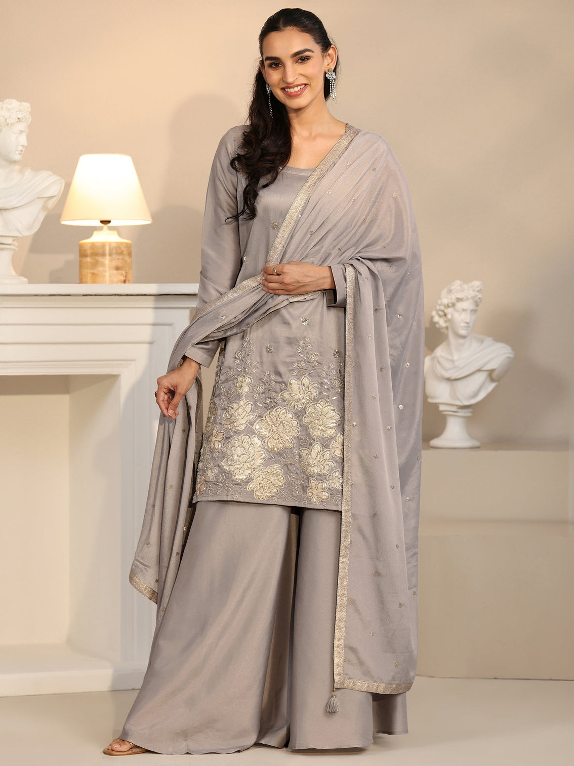 Mameraa Slate Grey Floral Embellished Silk Blend Palazzo Suit Set