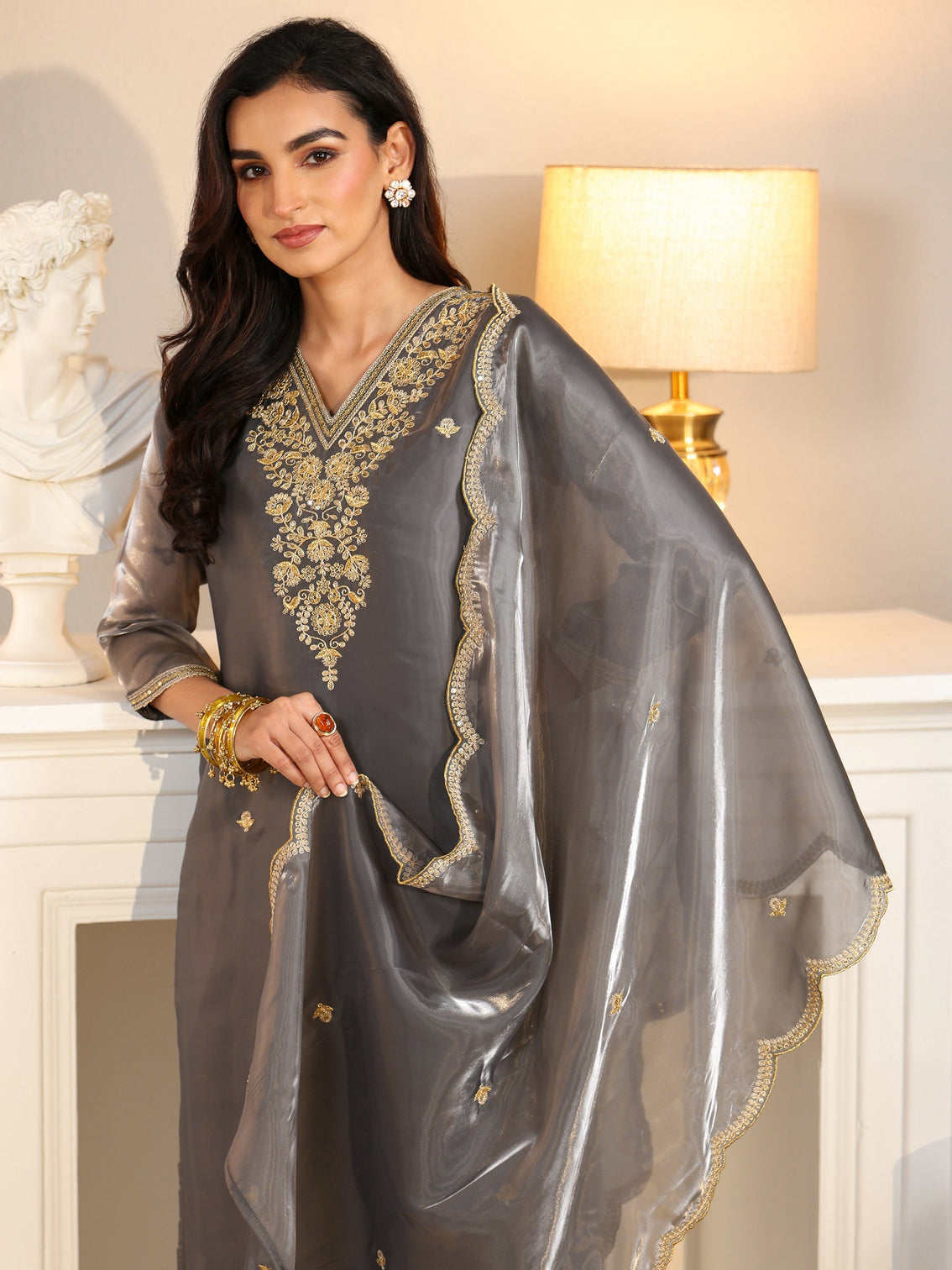 Mameraa Slate Grey Floral Embellished Tissue Straight Suit Set