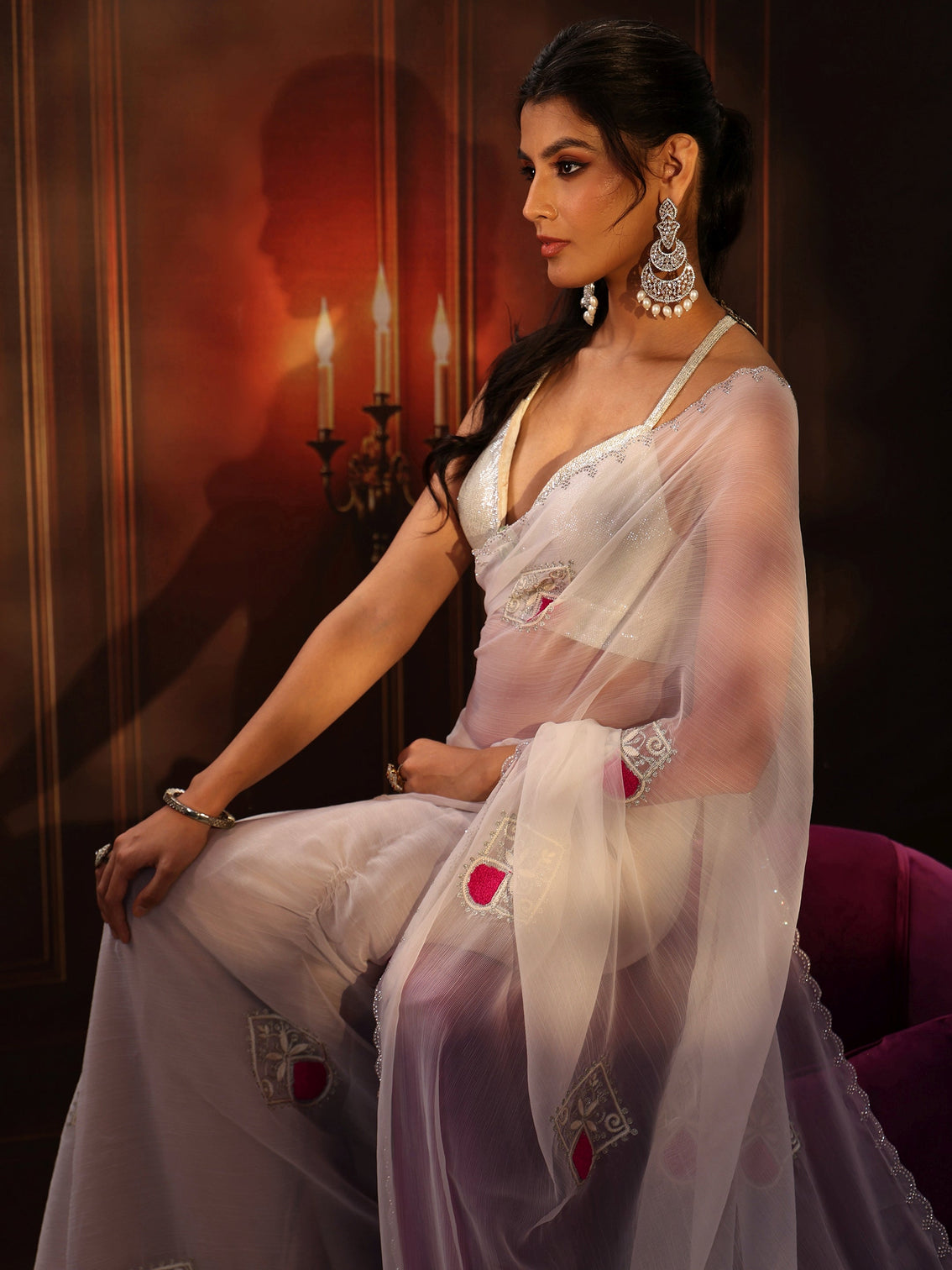 Mameraa Snow White Chiffon Saree with Embroidered  Motifs