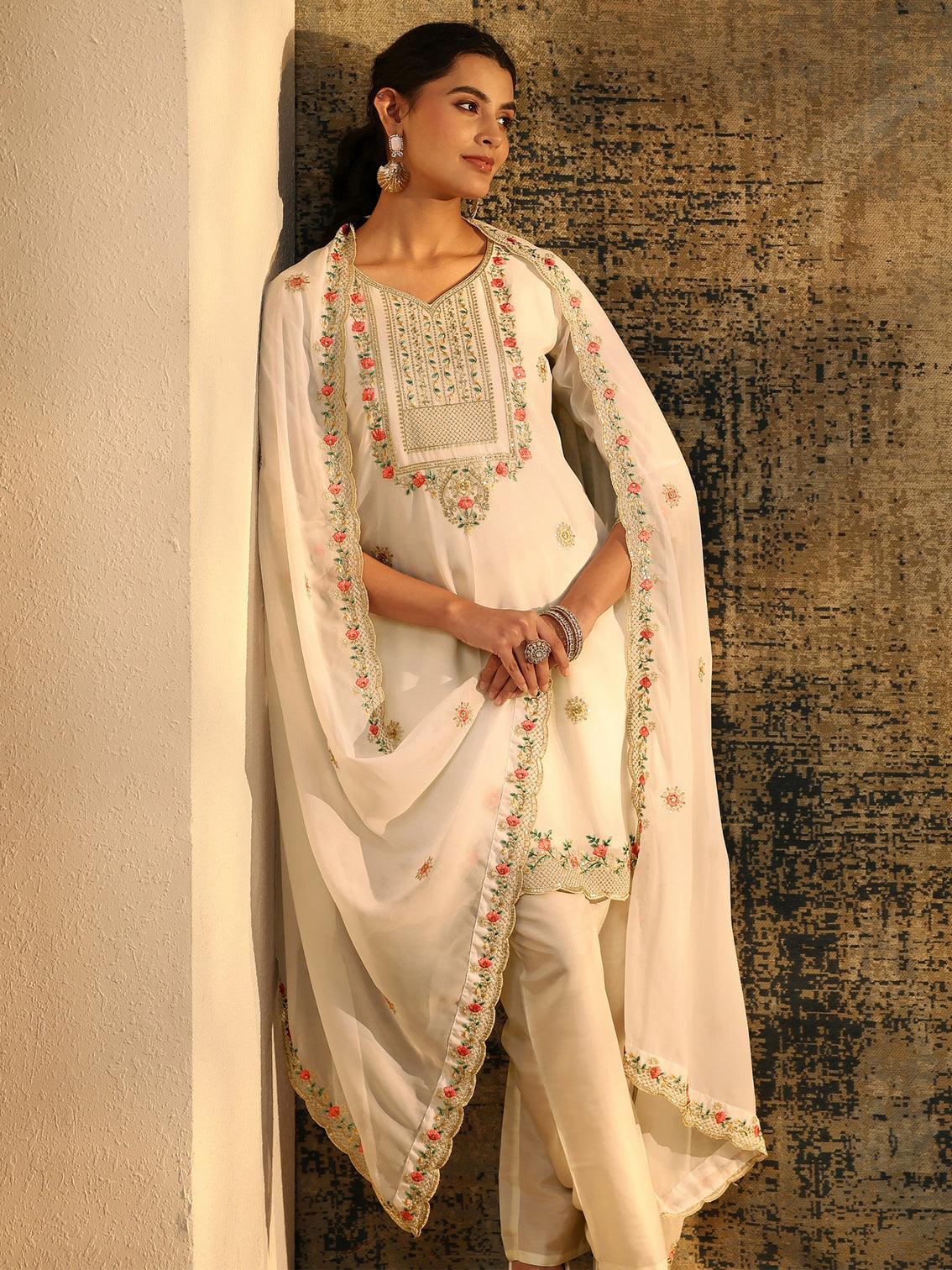 Mameraa Snow White Floral Embroidered Georgette Straight Suit Set