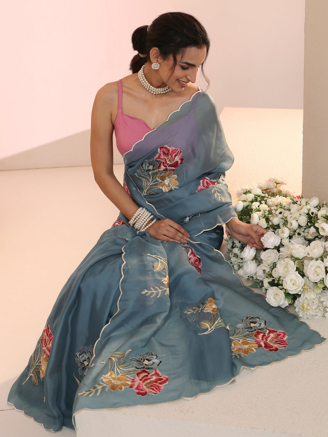Mameraa Steel Blue Floral Embroidered Tissue Saree with Scalloped Border