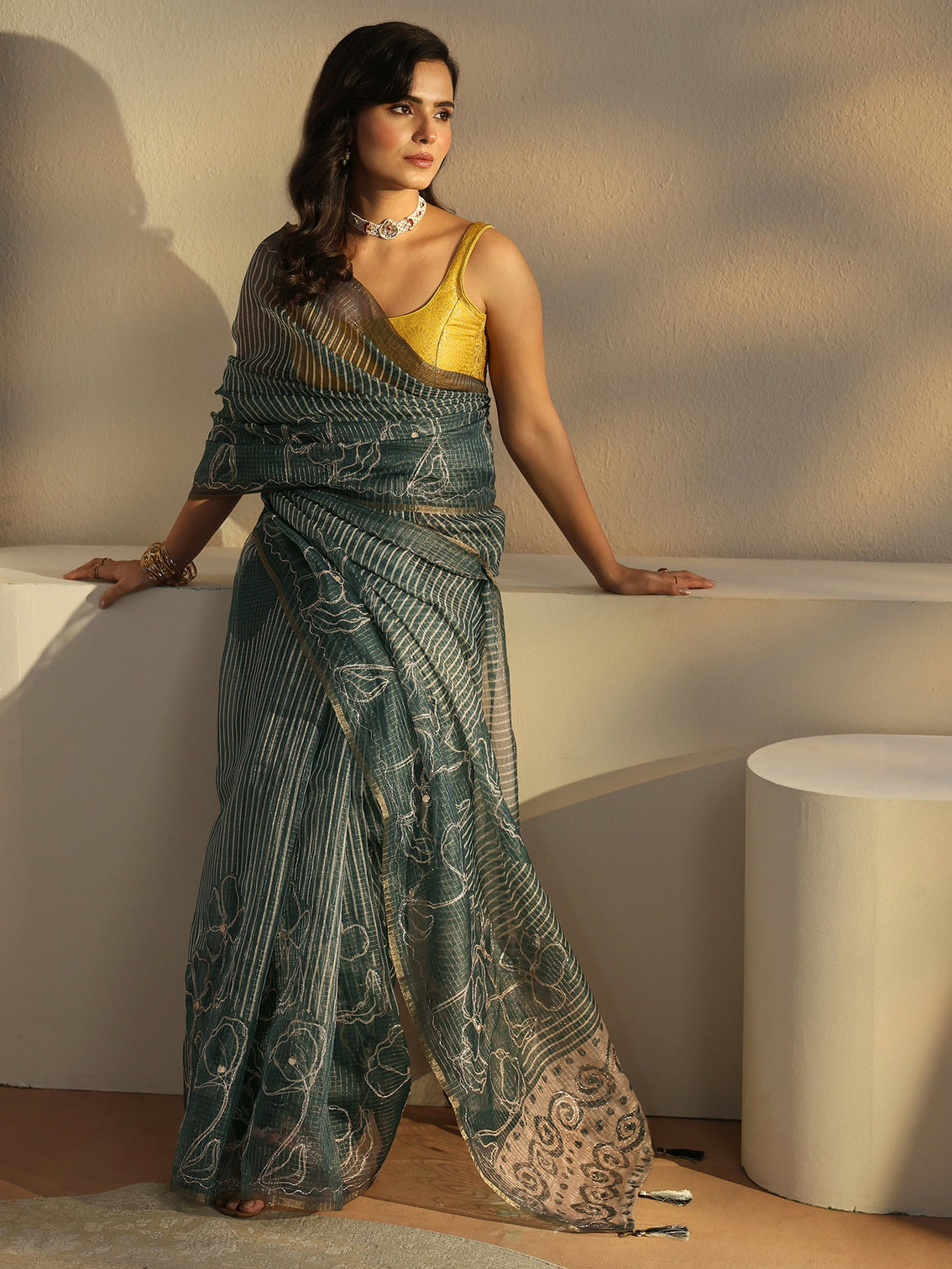 Mameraa Steel Teal Blue Floral Printed Silk Blend Saree