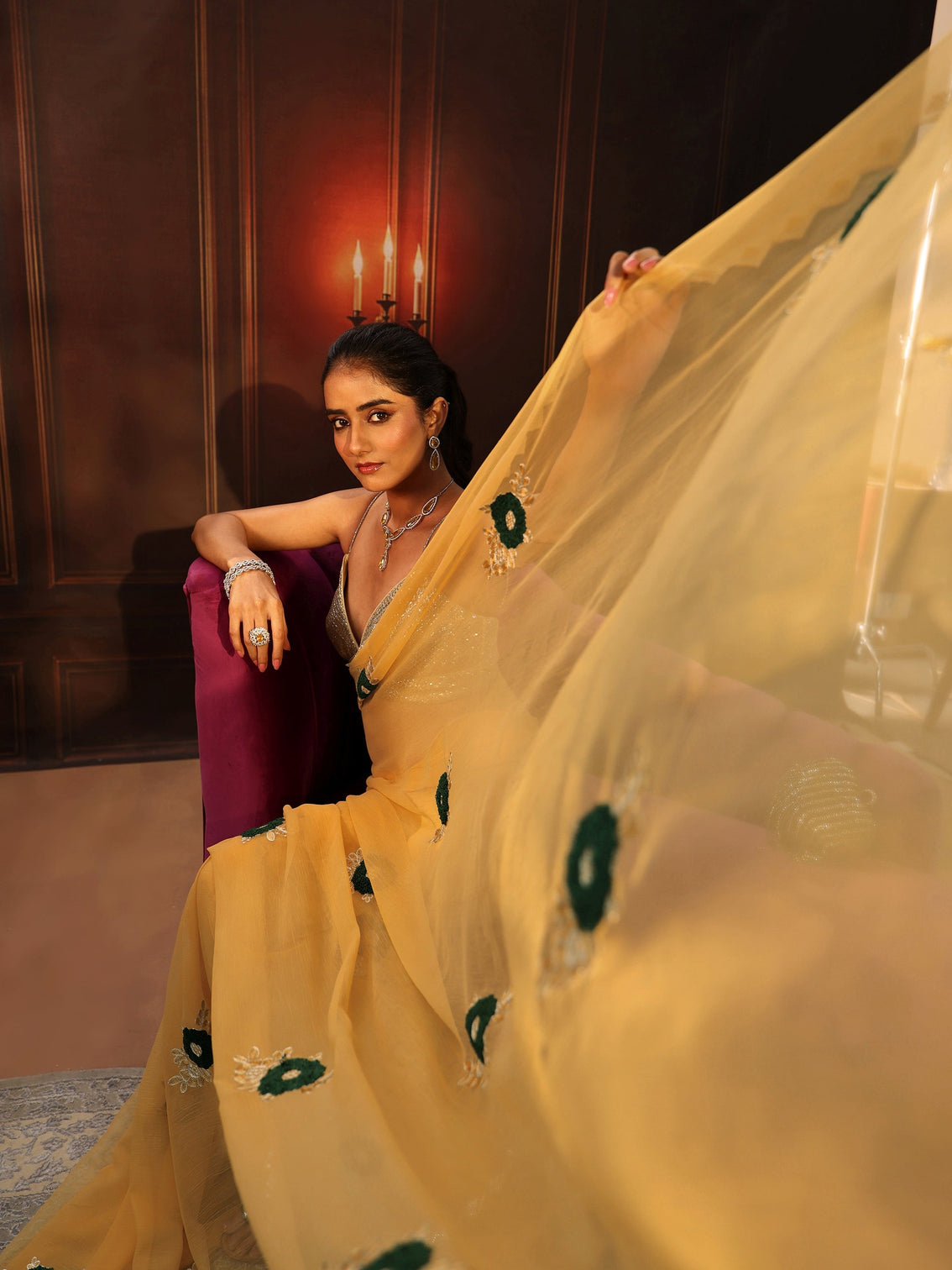 Mameraa Sunshine Yellow Chiffon Saree with Embellished Floral Motifs