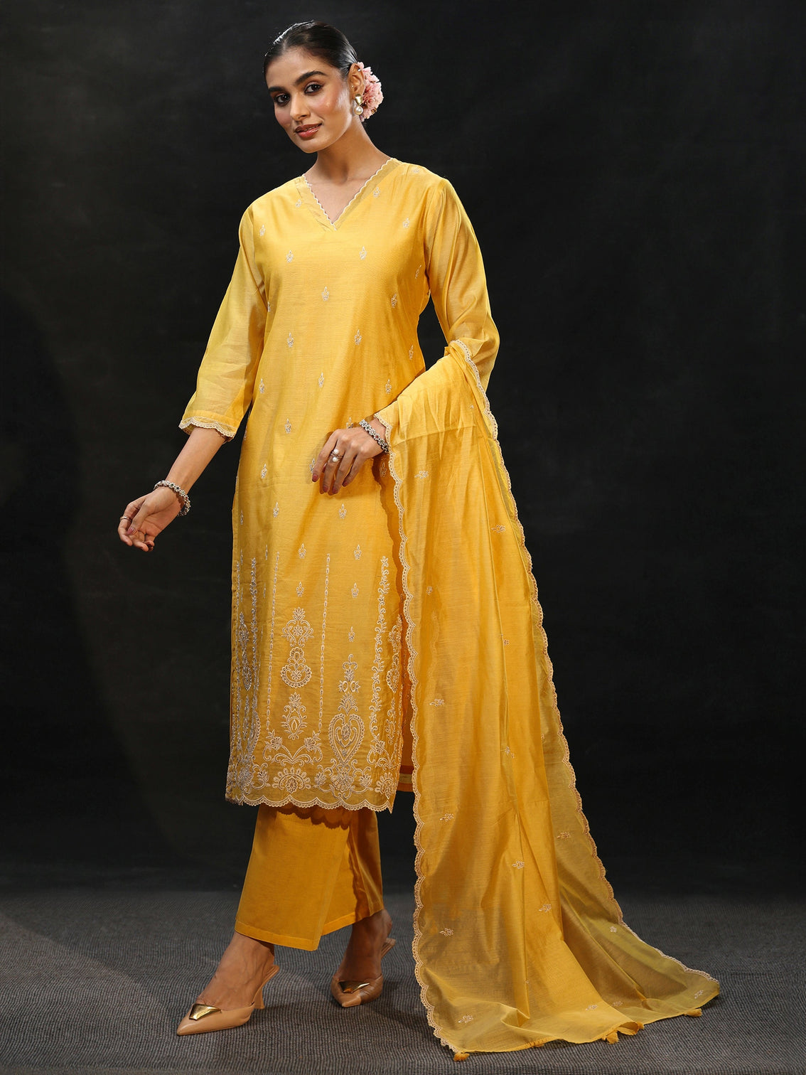 Mameraa Sunshine Yellow Embroidered Chanderi Silk Straight Suit Set