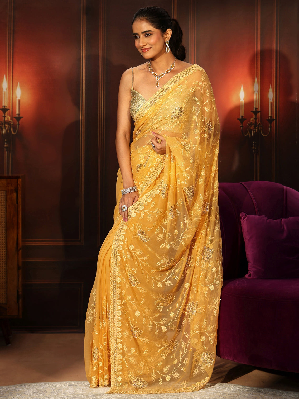 Mameraa Sunshine Yellow Floral Embroidered Chiffon Saree