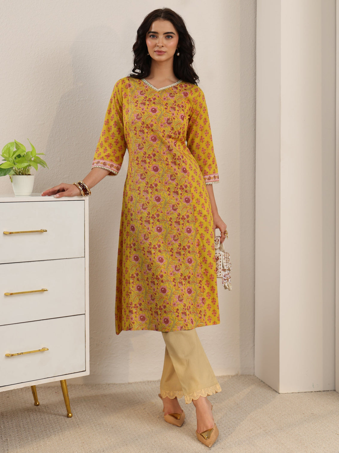 Mameraa Sunshine Yellow Floral Printed Cotton A-Line Kurta
