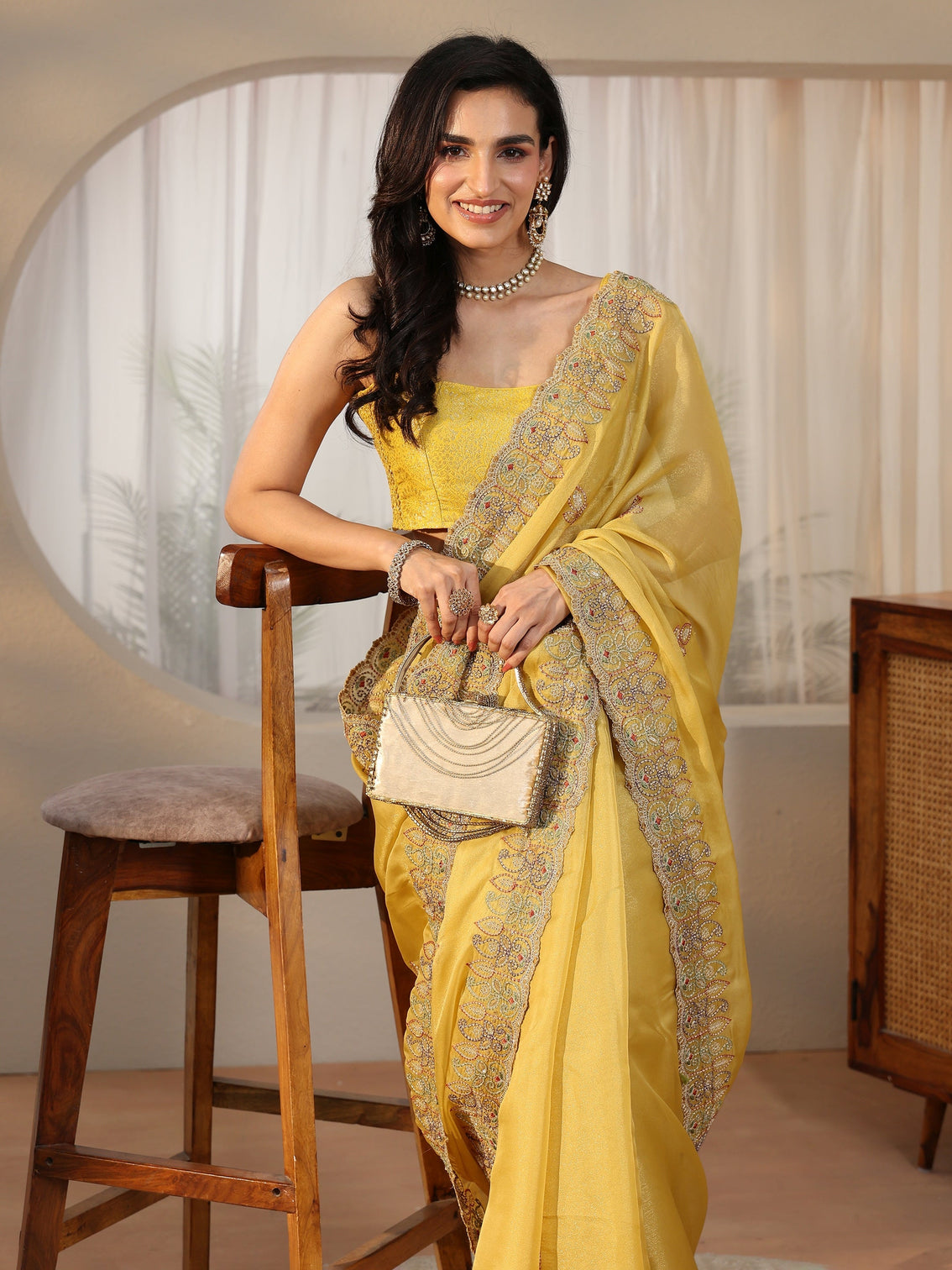 Mameraa Sunshine Yellow Leafy Embroidered Tissue Saree