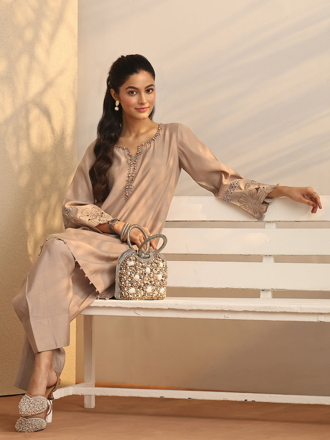 Mameraa Tan Brown Floral Painted Silk Blend Farshi Salwar Kurta Set