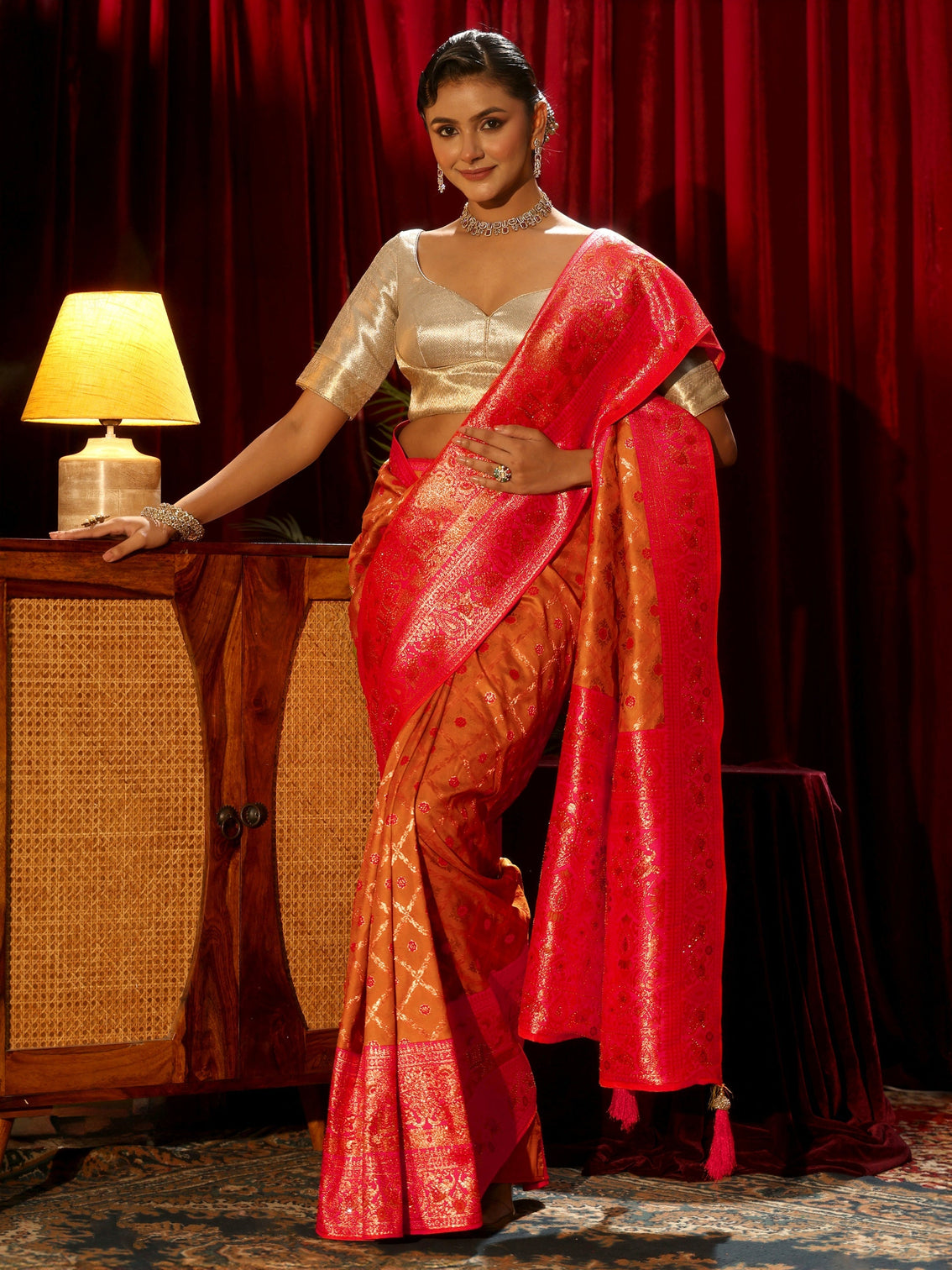 Mameraa Tangerine Floral Woven Design Embellished Silk Blend Saree