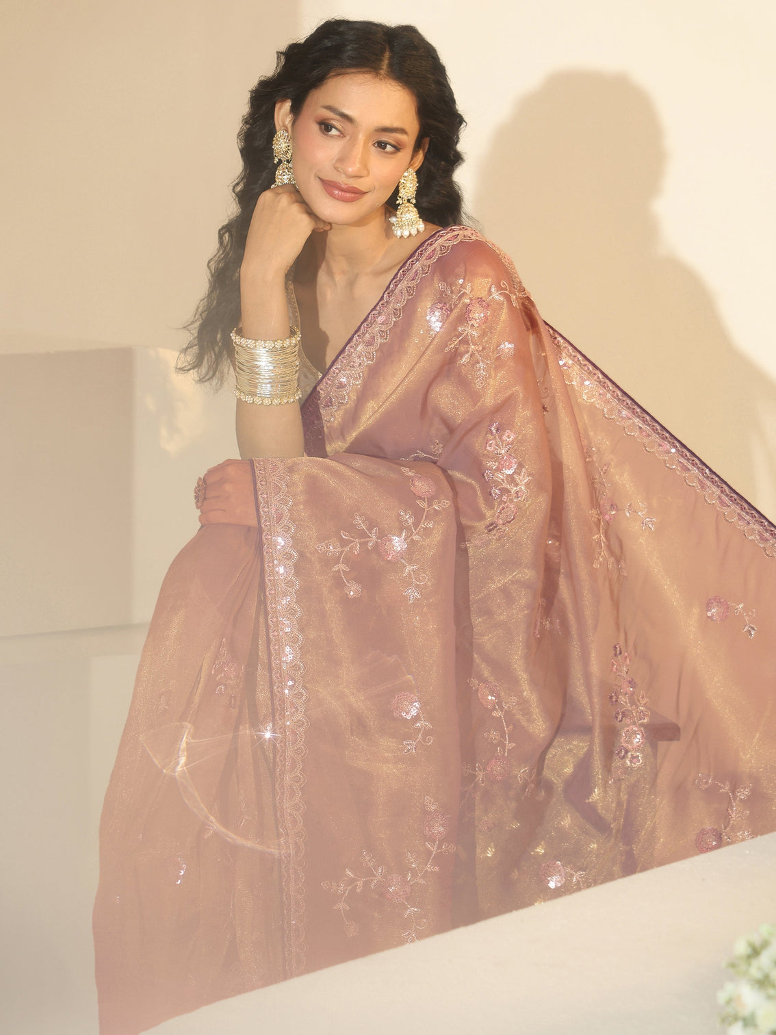 Mameraa Taupe Floral Embellished Tissue Saree