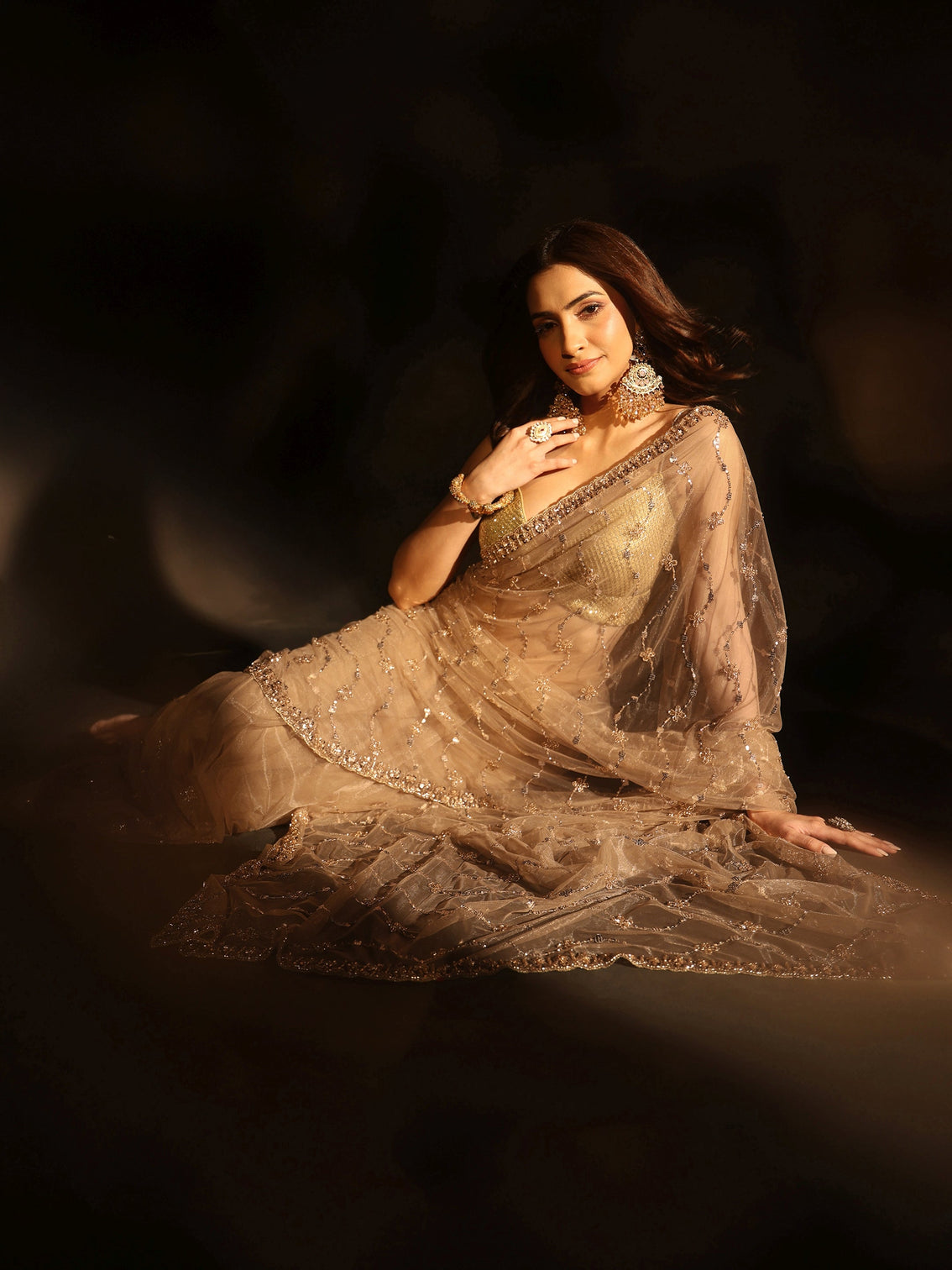 Mameraa Taupe Grey Embellished Wavy Pattern Net Saree