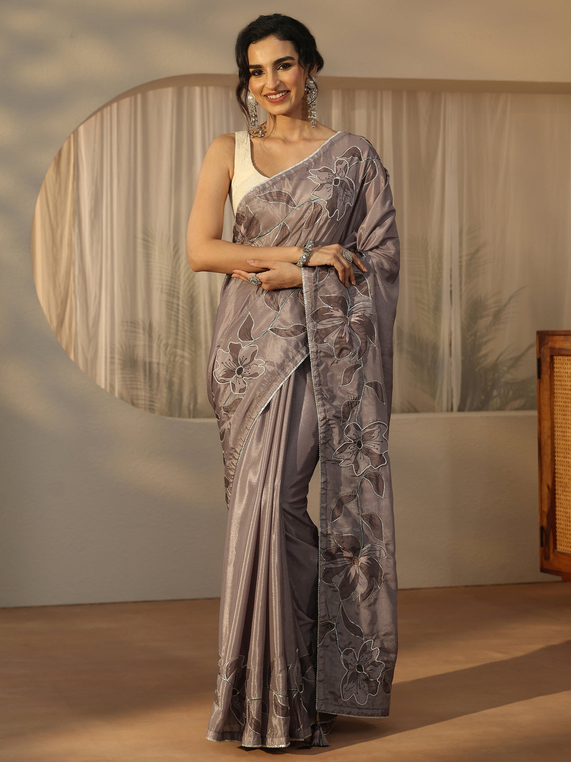 Mameraa Taupe Grey Floral Embellished Satin Saree