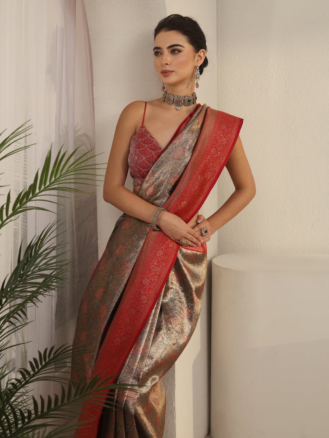 Mameraa Taupe Grey and Red Floral Woven Design Brocade Saree