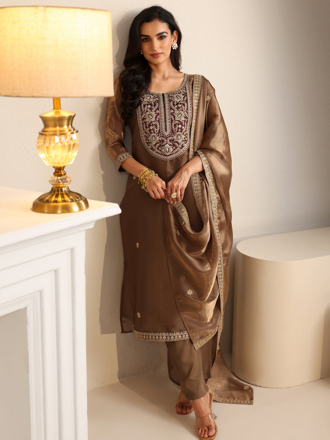 Mameraa Taupe Tissue Straight Suit Set with Embellished Yoke