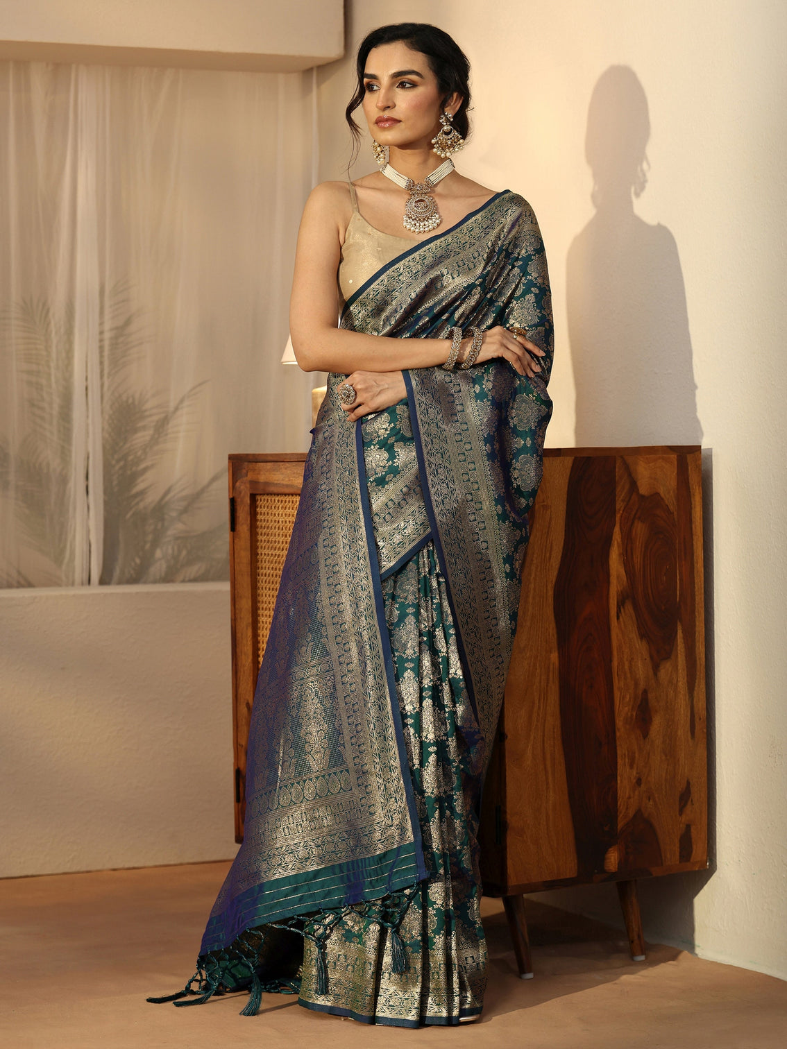 Mameraa Teal Blue Banarasi Silk Blend Saree