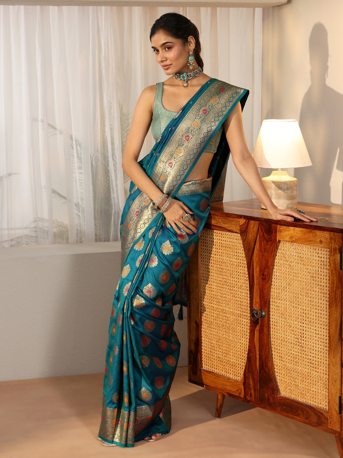 Mameraa Teal Blue Banarasi Silk Blend Saree
