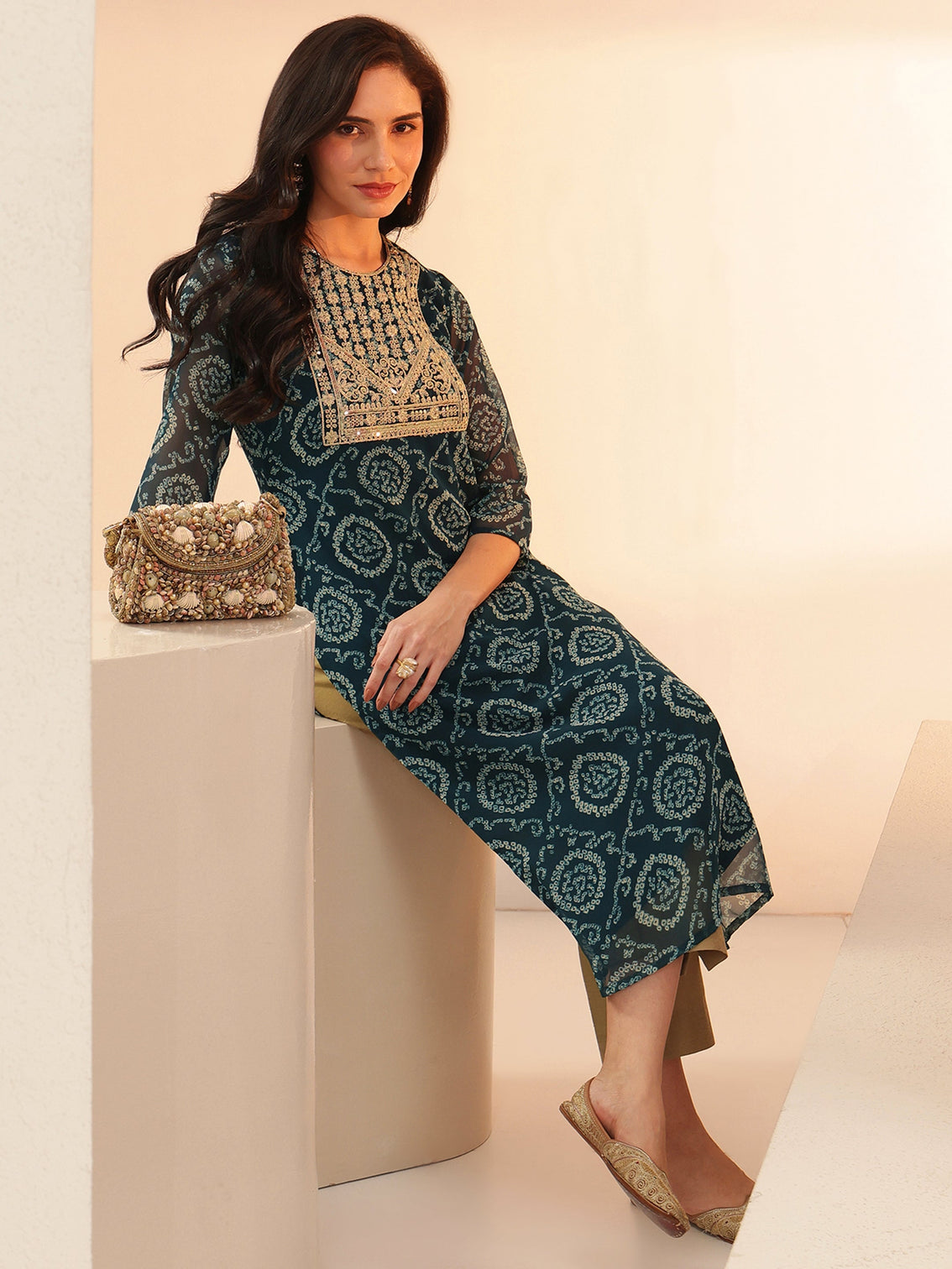 Mameraa Teal Blue Bandhani Printed Chiffon Straight Kurta