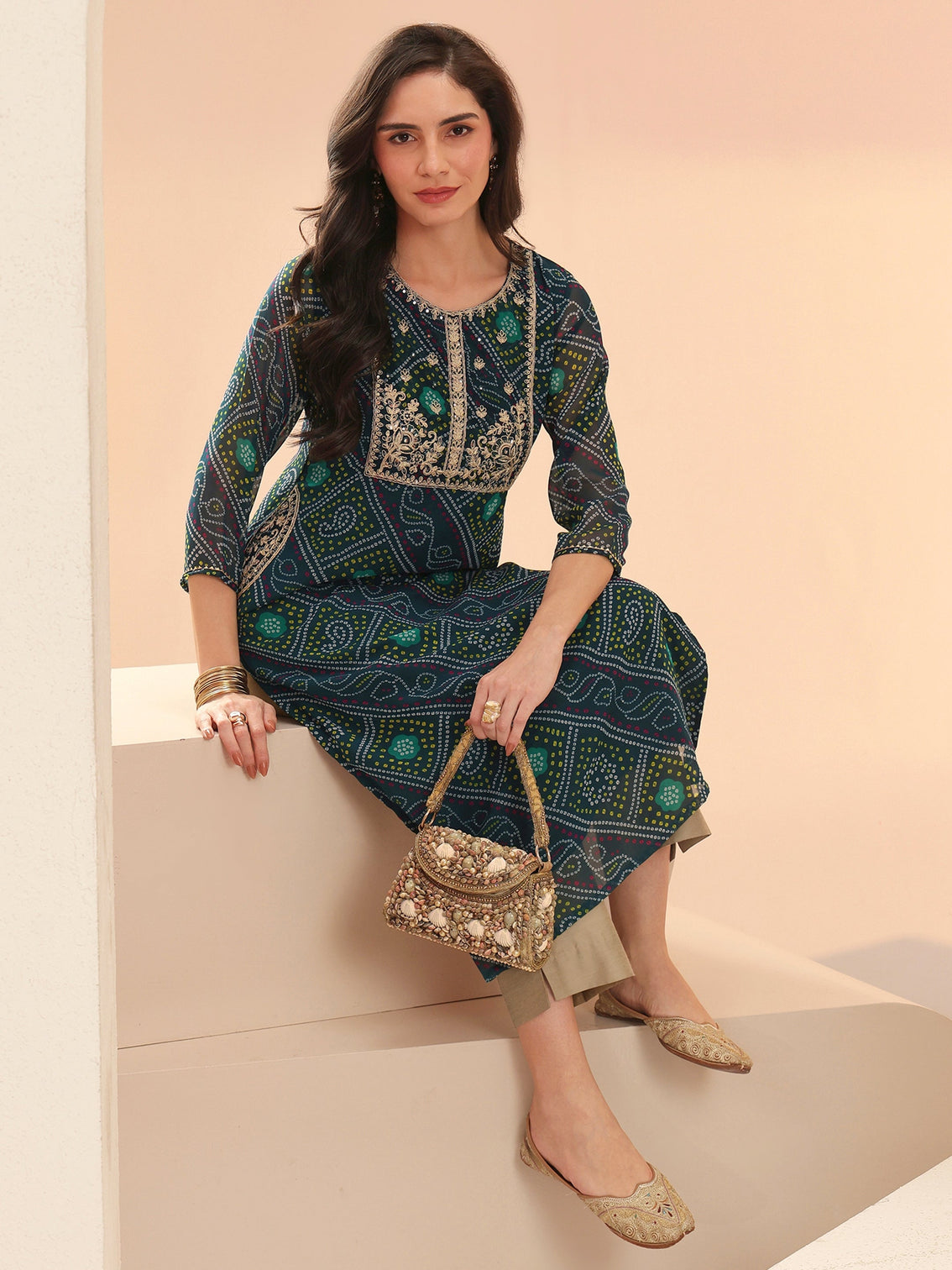 Mameraa Teal Blue Bandhani Printed Chiffon Straight Kurta