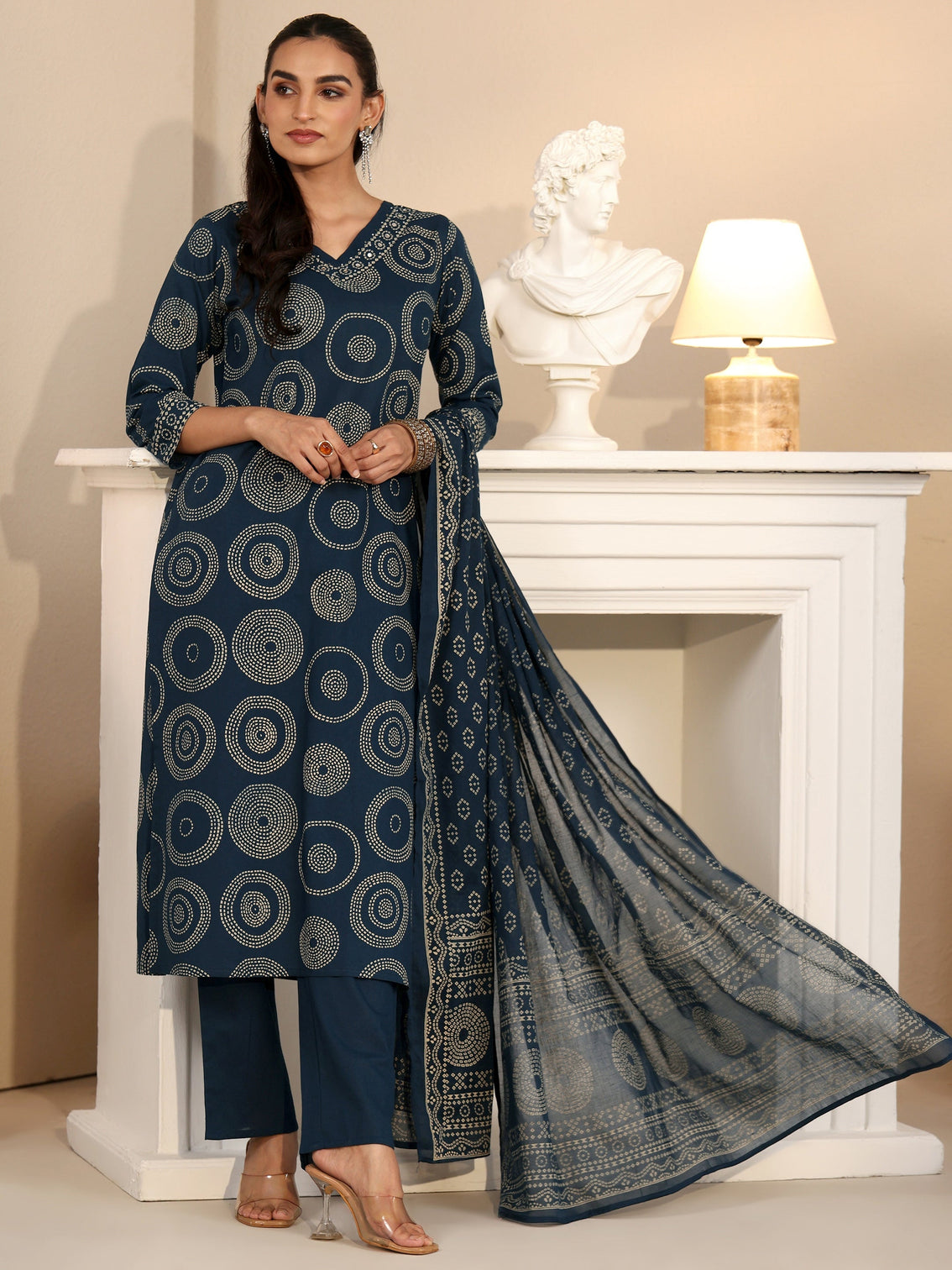 Mameraa Teal Blue Circular Print Cotton Straight Suit Set