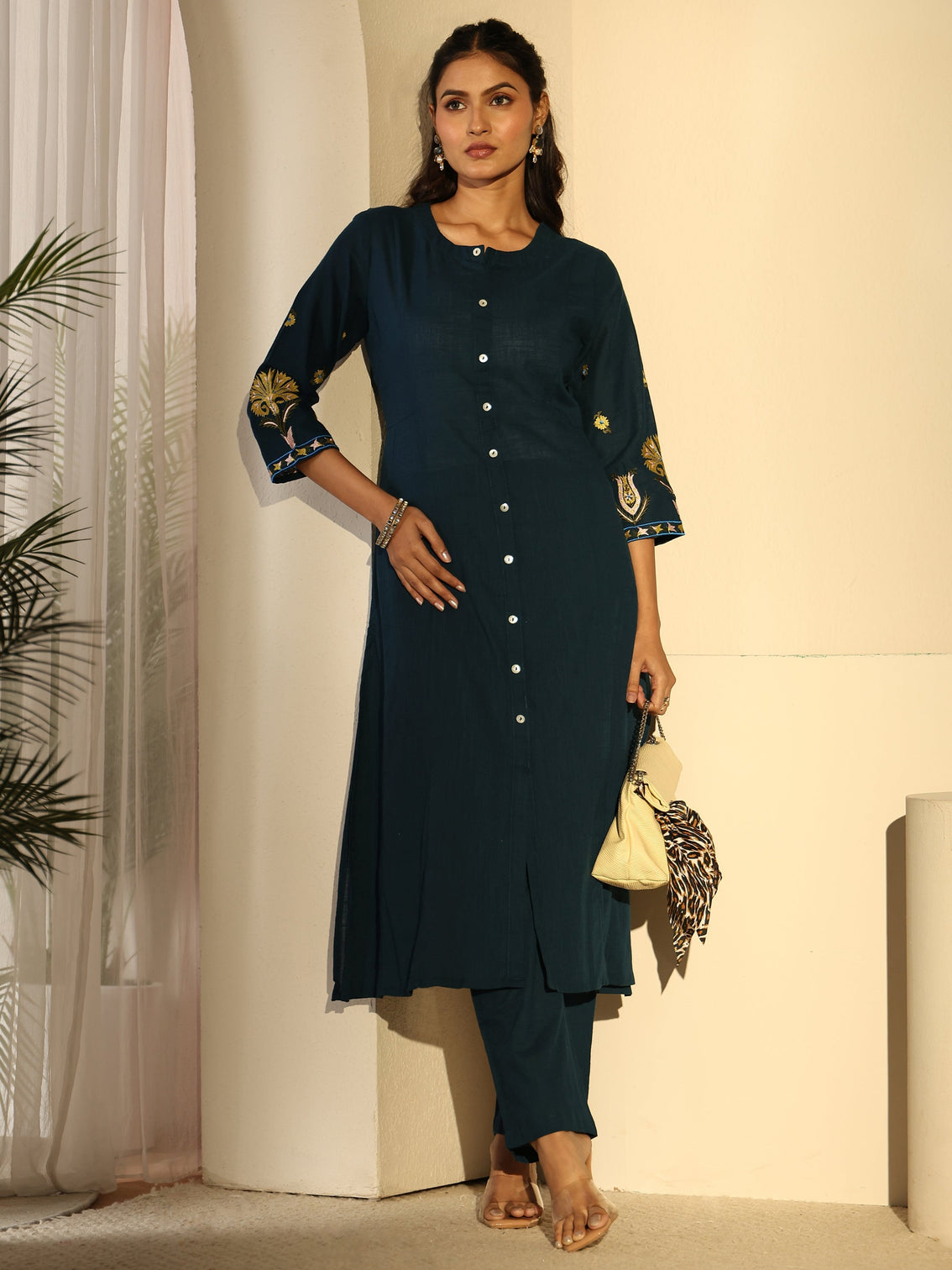 Mameraa Teal Blue Cotton A-line Kurta Set
