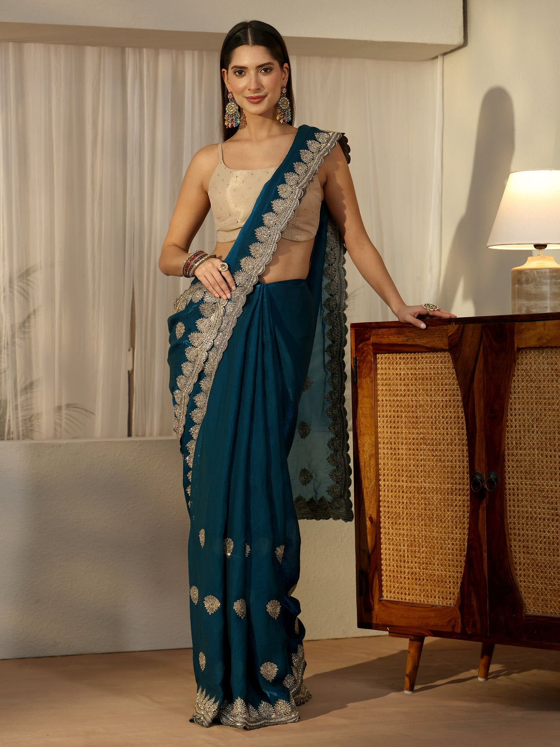 Mameraa Teal Blue Embroidered Tissue Saree