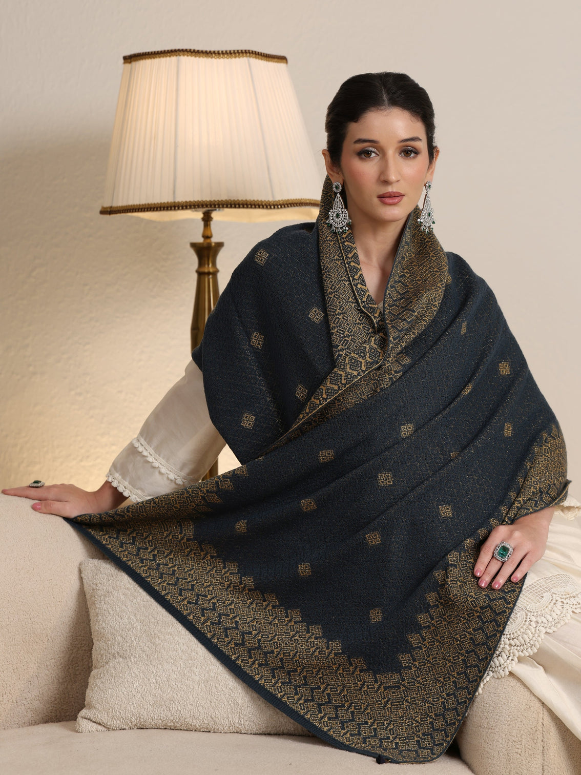 Mameraa Teal Blue Ethnic Knitted Acrylic Wrap Shawl