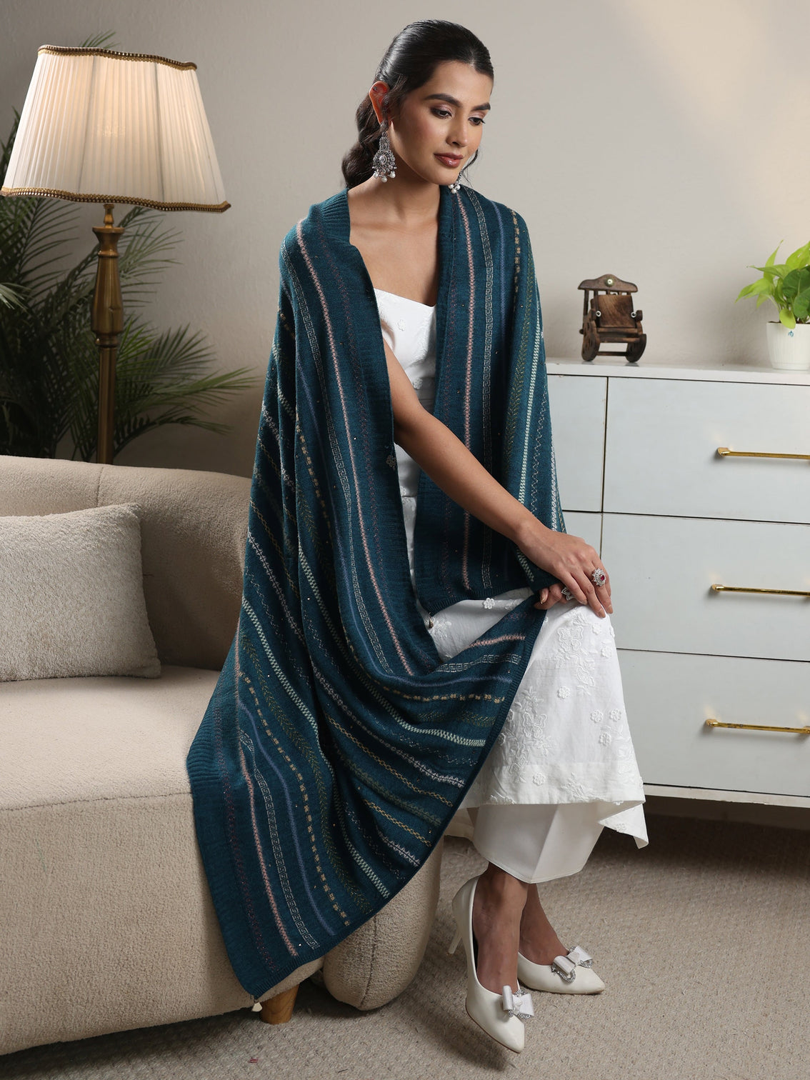 Mameraa Teal Blue Ethnic Striped Knitted Acrylic Wrap Shawl