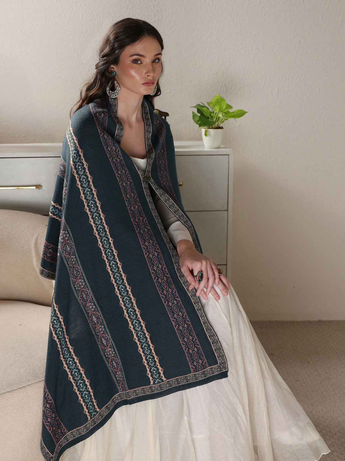 Mameraa Teal Blue Ethnic Striped Knitted Acrylic Wrap Shawl