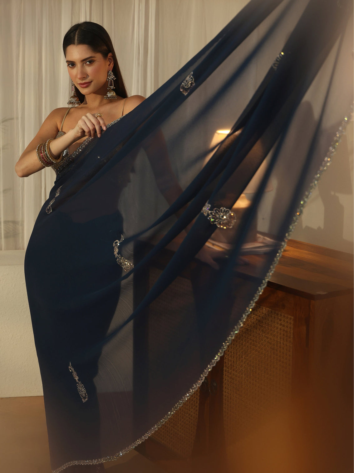 Mameraa Teal Blue Floral Embellished Georgette Saree
